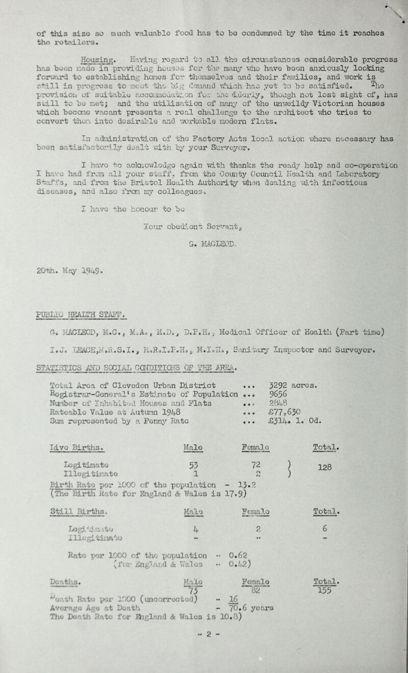 of this sizo so much valuable food has to be condemned by the time it reaohes the rotoilers. Housing. Having regard to all the circumstances considerable progress has boon made in providing houses for the many who have been anxiously looking forward to establishing hones for themselves and their families, and work is still in progress to meet the big demand which has yet to be satisfied. ^he provision of suitable accommodation fur inc eLuorly, though not lost sight of, has svill to be met; and the utilisation of many of the unweildy Victorian houses which became vacant presents a real challenge to the architect who tries to convert then into desirable and workable modern flats. In administration of the Factory Acts local action where necessary has been satisfactorily dealt with by your Surveyor. I h-avo to acknowledge again with thanks the ready help and co-operation I have had from all your staff , from the County Council Health and Laboratory Staffs, and from the Bristol Health Authority when dealing with infectious diseases, and also from my colleagues. I have the honour to bo Tour obedient Servant, 0. MACLEOD. 20th. May 1949. PUBLIC HEALTH STAFF. a. MACLEOD, M.C., M.A*, M.D., D.P.H., Medical Officer of Health (Part time) I.J. LEACH,iVR.S.I., MoR.I.P.H., M.IoIIq, Sanitary Inspector and Surveyor. STATISTICS AND SOCIAL CONDITIONS OF THE AREA. Total Area of Clcvedon Urban District Registrar-General1s Estimate of Population Number of Inhabited Houses and Flats Rateable Value at Autumn 1946 Sum represented by a Penny Rato 3292 acres. 9656 2848 £77,630 £314. 1. Od. Livo Births. Male 53 1 legitimate Illegitimate Birth Rato per 1000 of the population - 13*2 (The Birth Rato for England & Wales is 17*9) Female 72 Still Births. Illegitimate Male 4 Female 2 Rato per 1000 of the population (for England & Wales 0.62 0.12) Deaths. Halo 73 Female - ^oath Rate per 1000 (uncorroctod) - 16 Avorngo Age at Death - 70.6 years The Death R&tO for Bl gland & Wales is 10.8) Total. 128 Total. 6 Total. 155