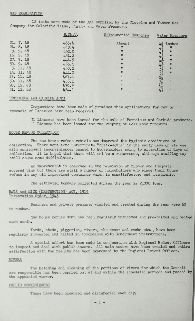 GAS EXAMINATION 12 tests were made of the gas supplied by the Clevedon and Yatton Gas Company for Calorific Value, Purity and Water Pressure. 21. 7. 48 B.Th.U. 455.4 Sulphuretted Hydrosen Absent Water Pressure 44: inches 24. 8. 48 449.4 It 4? is t! 9. 9. 48 452.0 It II 15. 9. 48 451.2 II II 27. 9. 48 444.9 II i % 4| II 30. 9. 48 465.5 II tl 3. 11. 48 450.2 II II 15. 11. 48 444.0 II II 29. 11. 48 461.4 II II 30. 11. 48 456.1 II 20. 12. 48 470.9 II It 31. 12. 48 454.1  II PETROLEUM and CARBIDE ACTS Inspections have been made of premises when applications for new or renewals of Licences have been received. 31 Licences have been issued for the sale of Petroleum and Carbide products. 1 Licence has been issued for the keeping of Cellulose products. HOUSE REFUSE COLLECTION The new house refuse vehicle has improved the hygienic conditions of collection. There were some unfortunate break-downs in the early days of its use with consequent inconveniences caused to householders owing to alteration of days of collection. It is hoped that there will not be a recurrence, although staffing may still cause some difficulties. An improvement is observed in the provision of proper and adequate covered bins but there are still a number of householders who place their house refuse in any old improvised container which is unsatisfactory and unhygienic. The estimated tonnage collected during the year is 2,000 tons. RATS and 1.3CE (DESTRUCTION) ACT, 1919 Infestation Order. 194-3 Business and private premises visited and treated during the year were 60 in number. The house refuse dump has been regularly inspected and pre-baited and baited each month. Yards, sheds, piggeries, rivers, the coast and rocks eto., have been regularly insnected and baited in accordance with Government instructions. A special effort has been made in conjunction with Regional Rodent Officers to inspect and deal with public sewers. All main sewers have been treated and entire satisfaction with the results has been expressed by the Regional Rodent Officer. RIVERS The ketohing and cleaning of the portions of rivers for which the Council are responsible has been carried out at and within the scheduled periods and passed by the appointed viewer. PUBLIC C0HVS.TIENCE3 Those have been cleansed and disinfected each day,