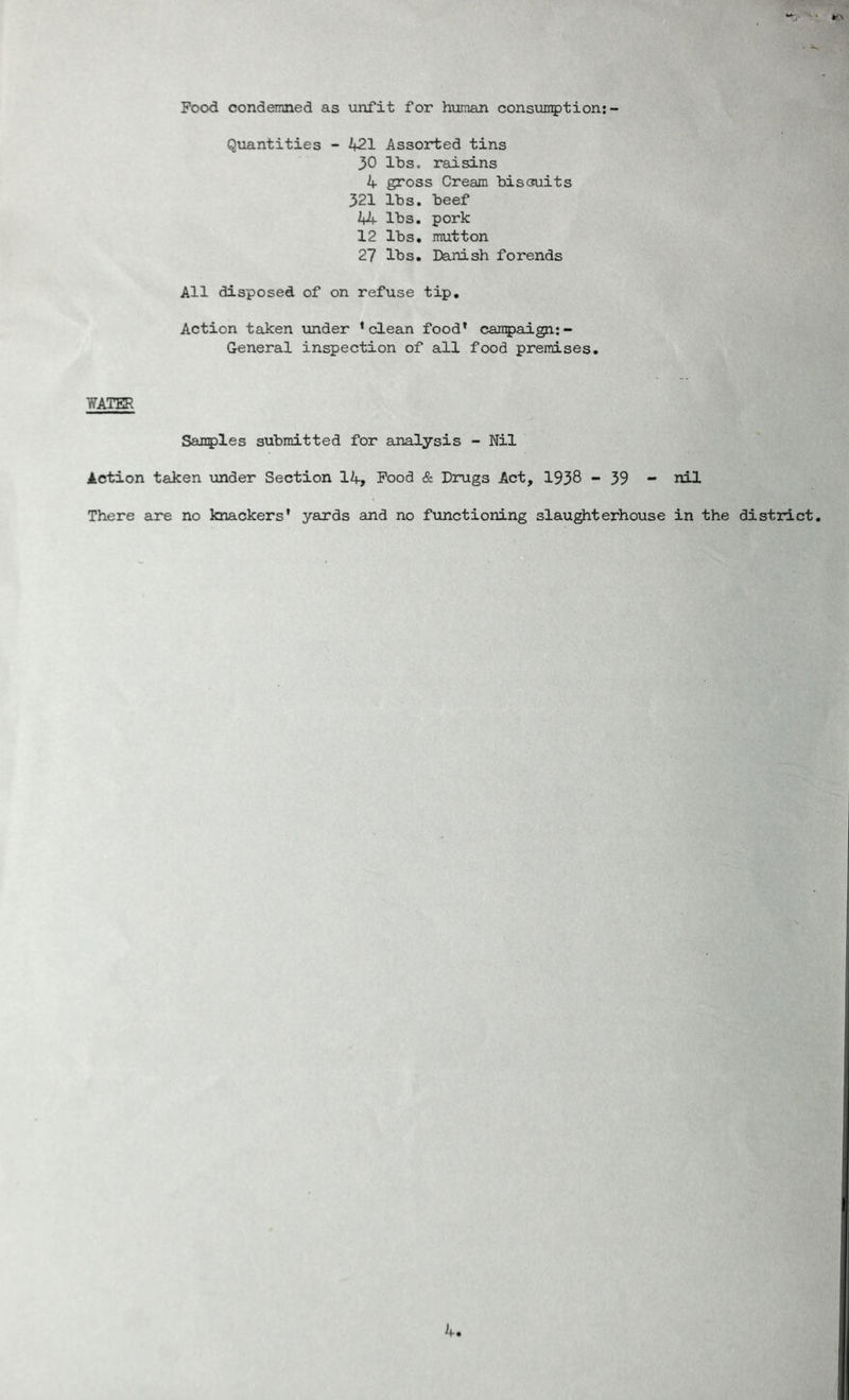 Pood condemned as unfit for hxiraan consun^jtion:- Quantities - 421 Assorted tins 30 lbs. raisins 4 gross Cream bisouits 321 lbs. beef 44 lbs. pork 12 lbs, mutton 27 lbs. Danish forends All disposed of on refuse tip. Action taken under ‘clean food* canpaign:- General inspection of all food premises. WATER Sanples submitted for analysis - Nil Action taken under Section 14, Pood & Drugs Act, 1938 - 39 - nil There are no knackers’ yards and no functioning slau^terhouse in the district.