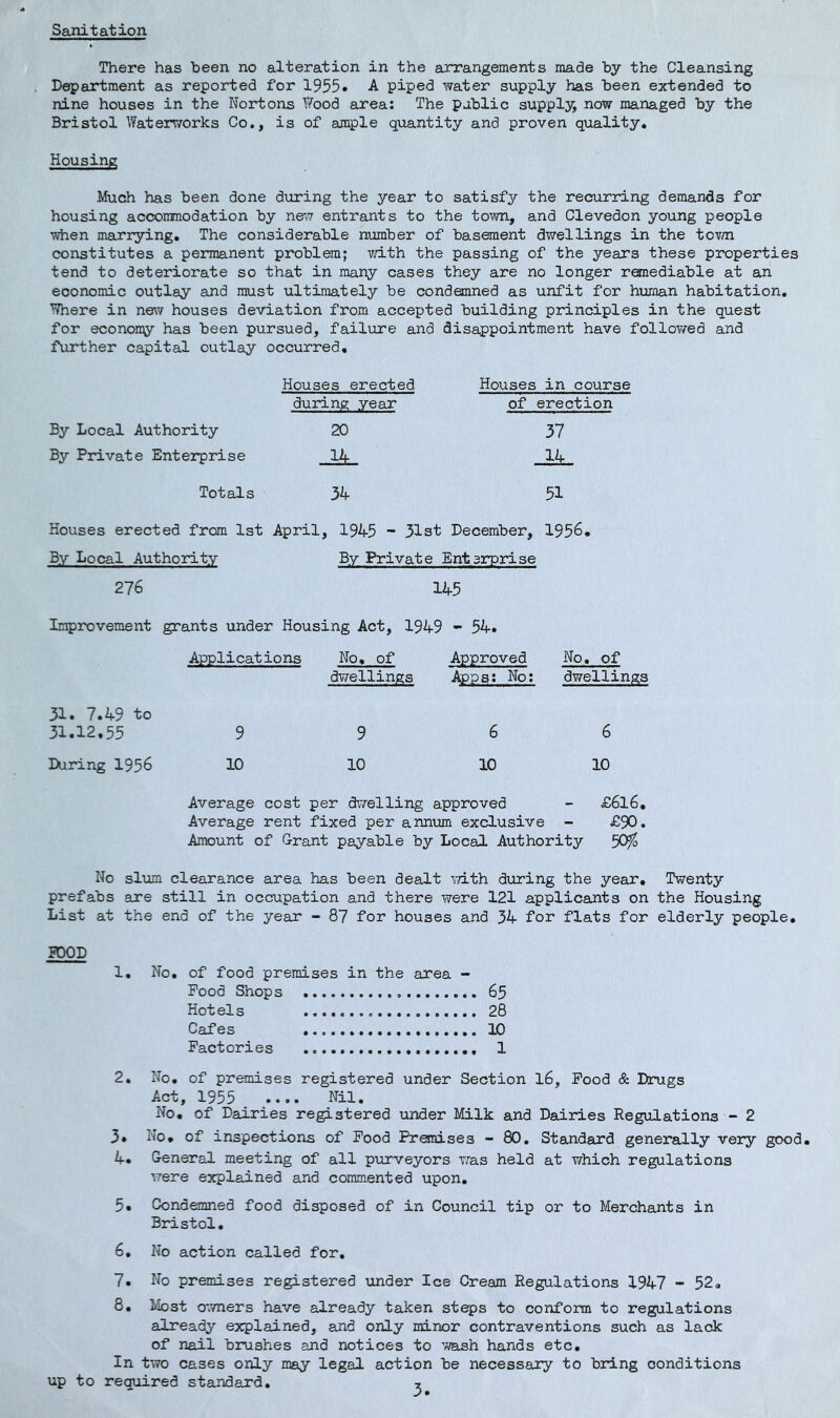 Sanitation There has been no alteration in the eirrangements made by the Cleansing Department as reported for 1955* A piped water supply has been extended to nine houses in the Nortons Tfood atrea; The public supply now managed by the Bristol Waterv/orks Co., is of ample quantity and proven quality. Housing Much has been done during the year to satisfy the recurring demands for housing accommodation by new entrants to the town, and Clevedon young people v^en marrying. The considerable number of basement dwellings in the town constitutes a permanent problem; with the passing of the years these properties tend to deteriorate so that in many cases they are no longer remediable at an economic outlay and must ultimately be condemned as unfit for htunan habitation, Where in new houses deviation from accepted building principles in the quest for economy has been pursued, failure and disappointment have follov/ed and further capital outlay occurred. Houses erected during year By Local Authority 20 By Private Enterprise 14 Houses in course of erection 37 -Ik, Totals 34 51 Houses erected from 1st April, 1945 ~ 31st December, 1956# By Local Authority By Private Enterprise 276 145 Improvement grants under Housing Act, 1949 - 54. Applications No, of dwellings Approved App B! No; No, of dwellings 31. 7.49 to 31.12,55 9 9 6 6 During 1956 10 10 10 10 Average cost per dwelling approved - £6l6. Average rent fixed per annum exclusive - £90. Amount of G-rant payable by Local Authority 50^ No slum clearance area has been dealt mth during the year. Twenty prefabs are still in occupation and there were 121 applicants on the Housing List at the end of the year - 87 for houses and 34 for flats for elderly people. rooD 1, No, of food premises in the area - Pood Shops 65 Hotels 28 Cafes 10 Factories 1 2, No, of premises registered under Section I6, Pood & Drugs Act, 1955 Nil, No, of Dairies registered under Milk and Dairies Regulations -• 2 3* No, of inspections of Pood Premises - 80. Standard generally very good, 4* General meeting of all purveyors was held at which regulations were explained and commented upon, 5* CJondemned food disposed of in Council tip or to Merchants in Bristol, 6, No action called for, 7, No premises registered under Ice Cream Regulations 1947 - 52, 8, Most owners have already taken steps to conform to regulations already explained, and only minor contraventions such as lack of nail brushes and notices to ’«?ash hands etc. In two cases only may legal action be necessary to bring conditions up to required standard, ,