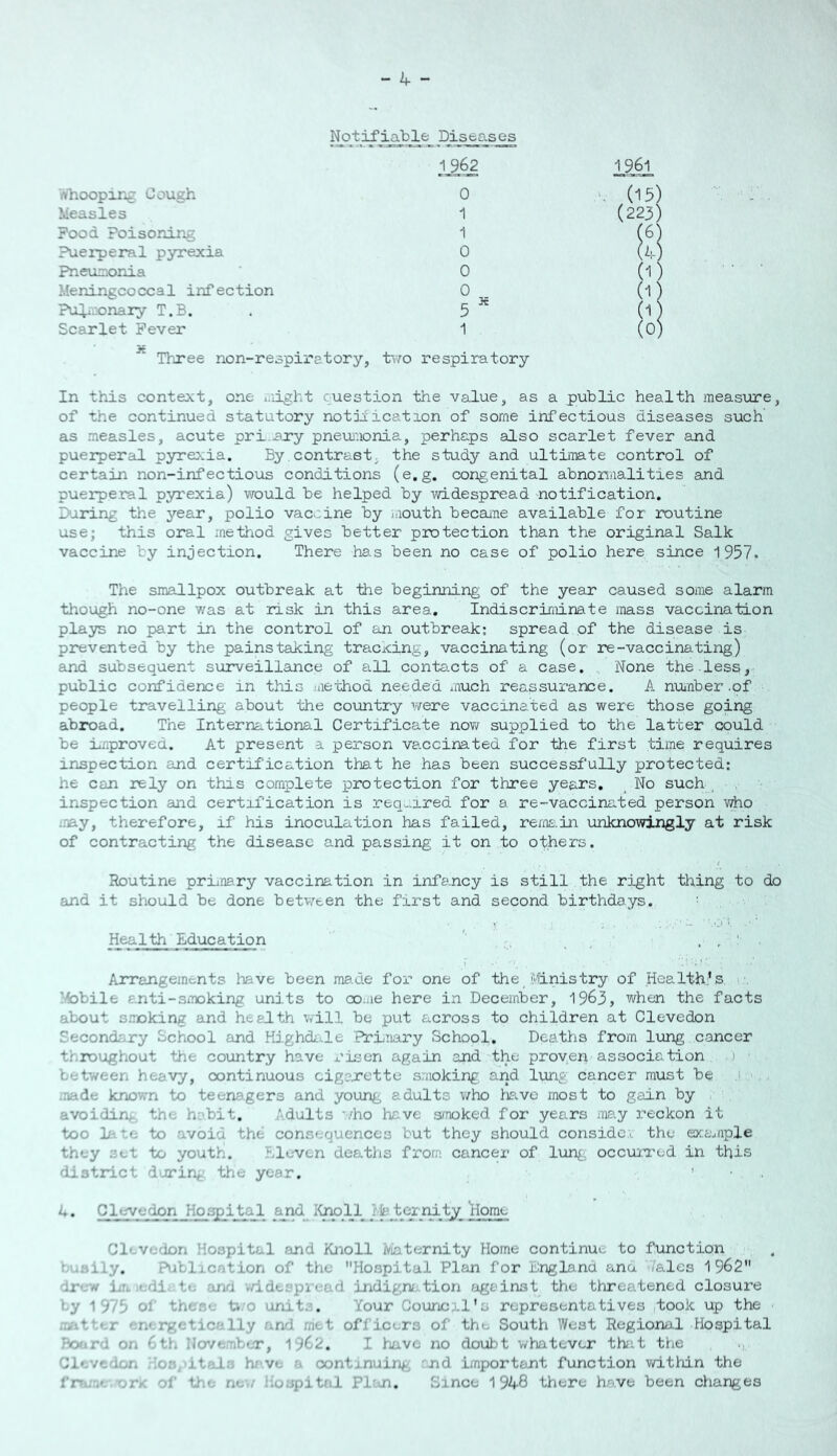 Notifiable Diseases 1^62 rtbiooping Cough Measles Food Poisoning Puerperal pyrexia Pneun:onia Meningcoccal infection ?uli.-.onary T.B. Scarlet Fever 0 1 1 0 0 0 1 (0 Three non-respiratory, two respiratory In this context, one uight question the value, as a public health measure, of the continued statutory notification of some infectious diseases such as measles, acute pri.ary pnexmionia, perhaps also scarlet fever and pueiperal pyrexia. By,contrast, the study and ultimate control of certain non-infectious conditions (e.g. congenital abnormalities and puerpe.ral pyrexia) v/ould be helped by widespread notification. During the year, polio vaccine by iuouth becaine available for routine use; this oral method gives better protection than the original Salk vaccine by injection. There has been no case of polio here since 1957. The smallpox outbreak at the beginning of the year caused some alarm though no-one was at risk in this area. Indiscriminate mass vaccination plays no part in the control of an outbreak; spread of the disease is prevented by the painstaking tra-cxing, vaccinating (or ore-vaccinating) and subsequent surveillance of all conts.cts of a case. . None the-less, public confidence in this .method needed niuch reassurance. A nuinber .of people travelling about the country v/ere vaccinated as were those going abroad. The International Certificate now supplied to the latter could be ii/iproved. A.t present a person vaccinated for the first time requires inspection and certification that he has been successfully protected: he can rely on this complete protection for three years. _ No such, inspection and certification is req^-ired for a re-vaccinated person who •nay, therefore, if his inoculation has failed, rem£.in unknowingly at risk of contracting the disease and passing it on to others. Routine priinary vaccination in infancy is still the right thing to do and it should be done betv/een the first and second birthdays. Health Education '' . , ' . Arrangements have been ma.de for one of the Ministry of Health's !4)bile anti-smoking units to co.ae here in December, 1963, when the facts about smoking and health will be put across to children at Clevedon Secondary School and HighdL..le Ei'iiiary School. Deaths from lung cancer throughout the country have risen again -and the proven association > ■ between heavy, continuous cigarette s;iioking, and lunq cancer must be ,! . ■nade knovrn to teena.gers and young adults who ha.ve most to gain by avoiding, the habit. Adults '.ho liave smoked for years jmy reckon it too late to avoid the consequences but they should considc.i the example they set to youth. Eleven deaths from cancer of lun^, ocemrod in this district during’ the year. ' 4. Clevedon Hospital &j)d V, Ho,me Clevedon Hospital and Kiioll Iviaternity Home continue to function busily. Publication of the Hospital Plan for England ana /ales 1962 drew Iffi. .edi;'to axvl v/idtspi ead indigrv. tion against the threatened closure by 1975 of these ti.'O unit.-. Your Council's representatives (took up the .Witter energetically and met officers of the South West Regional Hospital Board on 6th IJo’/ember, 1962. I have no doubt whatever thit the Clevedon Hoopitaia hi vti a continuing ^nd important function within the fnu.v-.orK of the ne-./ Hospital Plan. Since 1948 there have been changes