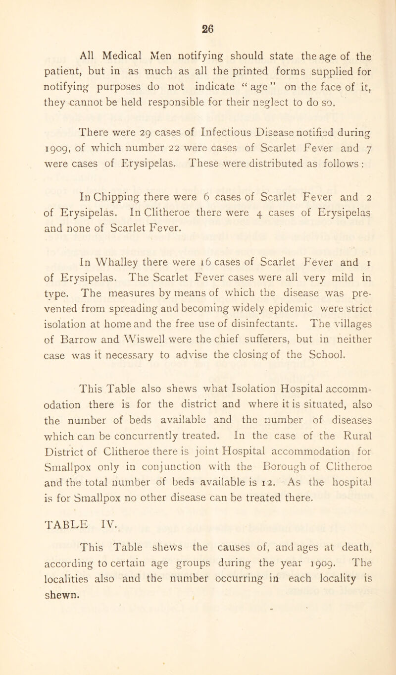 All Medical Men notifying should state the age of the patient, but in as much as all the printed forms supplied for notifying purposes do not indicate “ age ” on the face of it, they cannot be held responsible for their neglect to do so. There were 29 cases of Infectious Disease notified during 1909, of which number 22 were cases of Scarlet Fever and 7 were cases of Erysipelas. These were distributed as follows : In Chipping there were 6 cases of Scarlet Fever and 2 of Erysipelas. In Clitheroe there were 4 cases of Erysipelas and none of Scarlet Fever. In Whalley there were 16 cases of Scarlet Fever and 1 of Erysipelas. The Scarlet Fever cases were all very mild in type. The measures by means of which the disease was pre- vented from spreading and becoming widely epidemic were strict isolation at home and the free use of disinfectants. The villages of Barrow and Wiswell were the chief sufferers, but in neither case was it necessary to advise the closing of the School. This Table also shews what Isolation Hospital accomm- odation there is for the district and where it is situated, also the number of beds available and the number of diseases which can be concurrently treated. In the case of the Rural District of Clitheroe there is joint Hospital accommodation for Smallpox only in conjunction with the Borough of Clitheroe and the total number of beds available is 12. As the hospital is for Smallpox no other disease can be treated there. TABLE IV. This Table shews the causes of, and ages at death, according to certain age groups during the year 1909. The localities also and the number occurring in each locality is shewn.