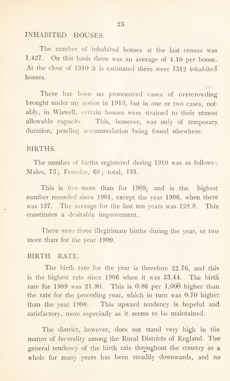 IN H A BI TED H OU S E S. The number of inhabited houses at the last census was 1,427. On this basis there was an average of 4.10' per house. At the close of 1910 i?t is estimated there were 1312 inhabited houses. There has been no pronounced cases of overcrowding brought under my notice in 1910, but in one or two cases, not- ably, in Wiswell, certain houses were strained to their utmost allowable capacity. This, however, was only of temporary duration, pending accommodation being found elsewhere. BIRTHS. The number of births registered during 1910 was as follows: Males, 73; Females, 60; total, 133. This is fn’e more than for 1909^ and is the highest number recorded since 1901, except the year 1906, when there was 137. The average for the last ten years was 128.8. This constitutes a desirable improvement. There were three illegitimate births during the year, or two more than for the year 190*9'. BIRTH RATE. The birth rate for the year is therefore 22.76, and this is the highest rate since 1906 when it was 23.44. The birth rate for 1909 was 21.90. This is -0186 per 1,000 higher than the rate for the preceding year, which in turn was 0t70' higher than the year 190‘8. This upward tendency is hopeful and satisfactory, more especially as it seems to be maintained. The district, however, does not stand very high in the matter of fecundity among the Rural Districts of England. The general tendency of the birth rate throughout the country as a whole for many years has been steadily downwards, and no