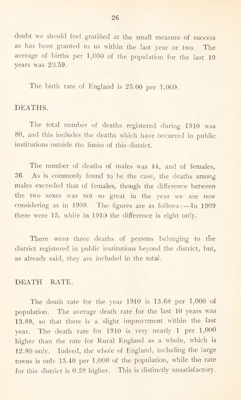 doubt we should feel gratified at the small measure of success as has been granted to us Avithin the last year or two. The average of births per 1^000' of the population for the last 10 years was 20.59. The birth rate of England is 25.00 per 1,000. DEATHS. The total number of deaths registered during 1910 was 80, and this incliudes the deaths which have occurred in public institutions outside the limits of this district. The number of deaths of males was 44, and of females, 36. As! is commonly found to be the case, the deaths among males exceeded that of females, though the difference between the two sexes was not so great in the year we are noAV considering as in 1909. The figures are as follows;—In 1909 there were 15, while in 1910 the difference is eight only. There Avera three deaths of persons^ belonging to the district registered in public institutions beyond the district, but, as already said, they are included in the total. DEATH RATE. The death rate for the year 1910 is 13.68 per 1,000 of population. The aA’erage death rate for the last 10 years Avas 13.89, so that there is a slight improvement Avithin the last year. The death rate for 1910 is very nearly 1 per 1,000 higher than the rate for Rural England as a Avhole, Avhich is 12.801 only. Indeed, the Avhole of England, including the large tOAvns is only 13.40 per 1,000 of the population, Avhile the rate for this district is 0.28 higher. This is distinctly unsatisfactory.