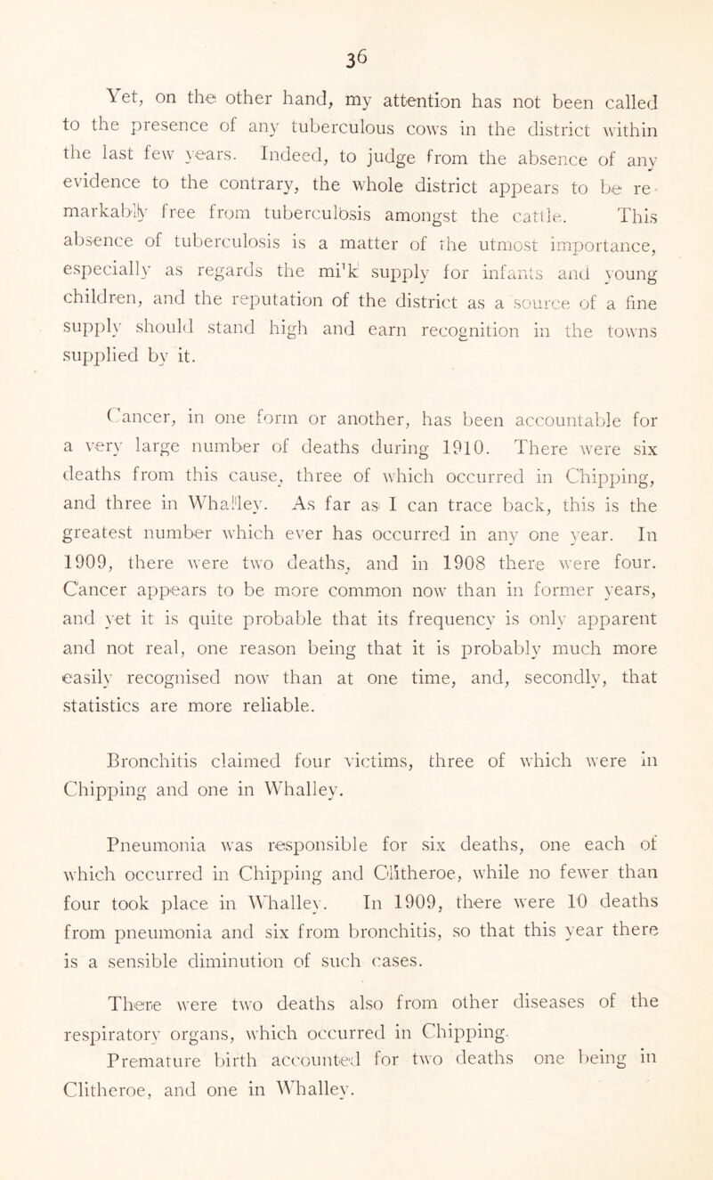 Yet, on the. other hand, my attention has not been called to the presence of any tuberculous cows in the district within the last few years. Indeed, to judge from the absence of any evidence to the contrary, the whole district appears to be re- markabih free from tuberculbsis amongst the catlle. This absence of tuberculosis is a matter of the utmost importance, especially as regards the mbk' supply for infants and young childien, and the reputation of the district as a source of a fine supply should stand high and earn recognition in the towns supplied by it. C ancer, in one form or another, has been accountable for a very large number of deaths during 1910. There Avere six deaths from this cause, three of Avhich occurred in Chipping, and three in Whalley. As far asi I can trace back, this is the greatest number A\fiiich ever has occurred in any one year. In 1909, there Avere two deaths, and in 1908 there Avere four. Cancer appears to be more common noAv than in former years, and yet it is quite probable that its frequency is only apparent and not real, one reason being that it is probably much more easily recognised noAv than at one time, and, secondly, that statistics are more reliable. Bronchitis claimed four victims, three of Avhich Avere in Chipping and one in Whalley. Pneumonia Avas responsible for .six deaths, one each of Avhich occurred in Chipping and Clitheroe, Avhile no feAver than four took place in Whalley. In 1909, there Avere 10 deaths from pneumonia and six from bronchitis, so that this year there is a sensible diminution of such cases. There Avere tAvo deaths also from other diseases of the re.spiratory organs, Avhich occurred in Chipping. Premature birth accounted for tAvo deaths one being in Clitheroe, and one in Whalley.