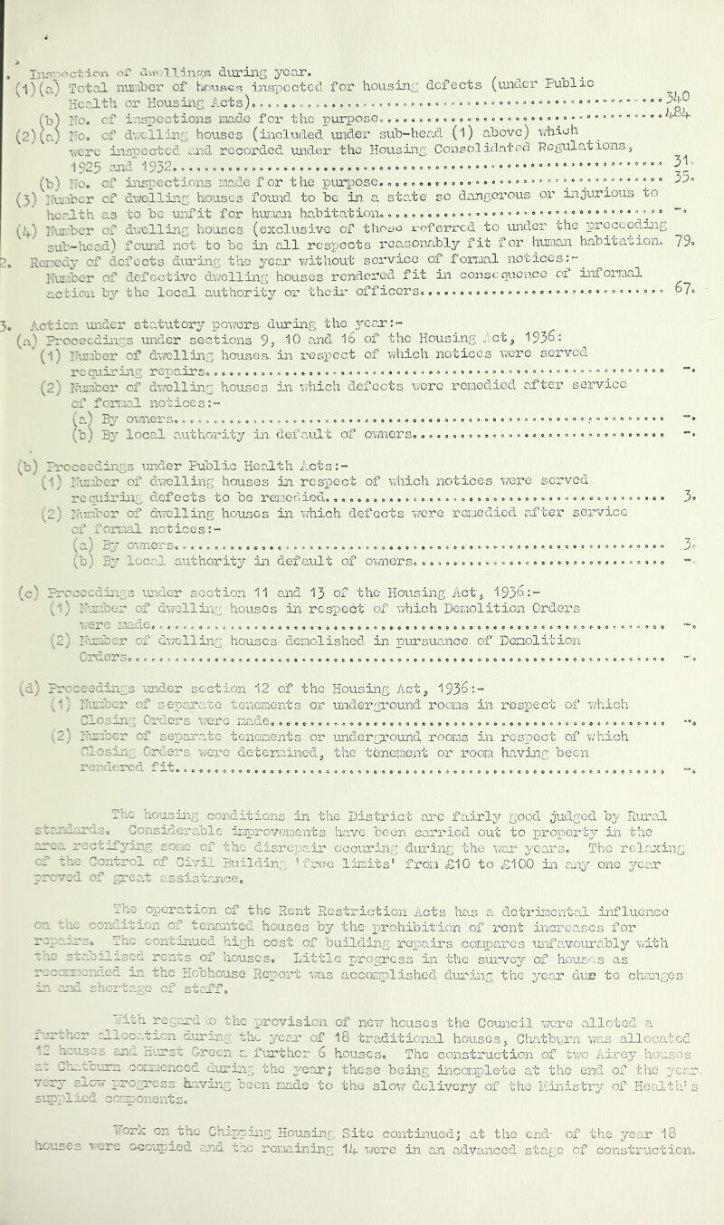 Inspection or ran.'i.iino;s during your. (1) (c'.) Total nuraber of ho-usc.c? inspected for housing defects (under Public Health or Housing Acts)«o., .o o«o o, °  (b) Ho. of inspections made for the purpose.” (2) (a) Ho, of dv.ulling houses (included under sub-head (I) above) which were inspected cud recorded under the Housing Consolidated pcgula.tions> 1925 raid 1952.................. « 31 • (b) Ho. of iiispections made f or t he purpose. 3p' (5) Humber of dwelling houses found to be in a state so dongoi-ous or injurious to herlth as to be unfit for huncji habitation... ...o ° ° ° ° ““ (Zf) Hurcber of dwplling houses (exclusive of those i-oferred to under the proceeding sub-head) found not to bo in c.11 respects reasonably fit for human habicacion. 79' Remedy of defects diu-ing the yecu without service of formal notices Number of defective dvrolling houses rendered fit in consequence of Informal action by the local authority or thcii' officers, o? 3A0 3. Action uiider statutoir^- powers during the j'-car:-- (a) Fi'ocecdings under sections 3, 10 and 16 of the Housing ..ctj 1956: (1) Humber of dv/elling houses in respect of which notices were served requiriiig repairs, (2) Huiiber of dv/elling houses in v/hich defects T/erc I’emedied after service of formal notices:- (a) By owners,..o » (b) B3'' local authority in default of owners. (b) Proceedings luider Public Health Acts:- (1) Hnnber of d^7elling houses in respect of which notices were served reqiiirin.g defects to be remedied,» 5. (2) Humber of dwelling houses in which defects v/cre remedied ai’ter service of foimal not ices:- (a) By owners.. 5^ (b) E3' local authority in default of ovmers. (c) Prccecditigs under section 11 and I3 of the Housing Act^ 1956:- (1) Himber of dwelliiig houses in respect of AThich Demolition Orders were made. ...a. (2) Humber of dwelling houses demolished in pursuance of Demolition Orders,. \^d) Proceedings under section 12 of the Hovising Actj, 1956:- ■;^1) Humber of sepana.to tenements or undergroimd rooms in resiaect of AThich Closing Orders wnre made,,,,o {2) Humber of sepora.te tenements or underground rooms in respect of AThich Closing Orders 'were determined5, the tenement or room halving been rendered fit., The housing conditions in the District arc fairl37' good judged by Rura.l staneords. Considerable improveme-nts have been caa'’ried out to propert3' in the area rectifying some cf the disrepair occuring during the -war years. The relaucing cf the Control of Civil Building ’free limits’ from £10 to £100 in a.ny one year proved of great assistance. The operation of the Rent Restriction Acts ho.s a detrimental influence on tee condition cf tenanted houses by the j)rohibition of rent increases for rcpa-irs. TCe^continued high cost of building roiianrs compares unfa.vourabl3r with “10 staci_isea rents of houses. Little progress in the survev of houses as recemmenaea an the rlcbhouse Report 'was accomplished during the 3rear due to changes in and shorta.go cf staff. ..ith reg-cra-’X) the -provision of new houses the Council v;cre alloted a :r-;Wther cAiccition earing the jeej: of I8 traditional houses 5 Chatbiirn ATas allocated '2 aiuse-s ana nums'c drecn a funthcr 6 houses. The construction of tvra Airev- ho-uses ai C’catc-um cccme-ncGd earing the 3rear; these being incomplete at the end of the v'car, vsre-^ sj-cw -progress having cee'n made to the slow/ delivery of the Ministry of HeaJLth’s 5'unplied ccrrionents. iiork on^tho Caippiaig Housing Site continued; at the end- of the year I8 houses were occupied and tie romai-ning 1A were in an advanced sta.go of construction.