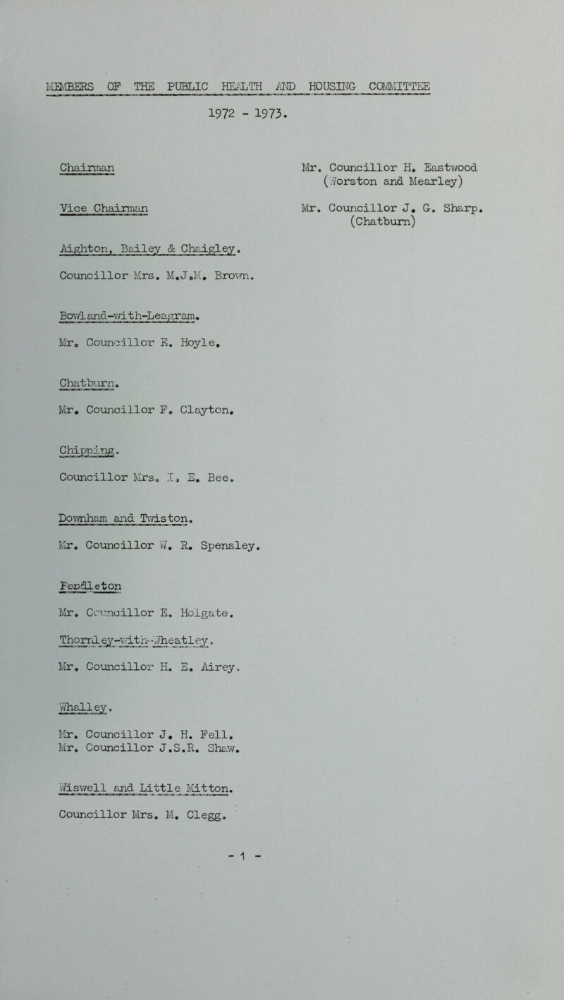FiMIBERS OF THE PUBLIC HE/iLTH m) HOUSING CMITTEE 1972 - 1973. lUr, Councillor H, Eastwood (Jorston and Mearley) Mr, Co\incillor J, G, Sharp, (Chatbum) Bowland-v/ith-Leagram. IITo Councillor E, Hoyle, Chatburn, Mr, Councillor P, Clayton, Chairman Vice Chairman Councillor Mrs, M.JeM, Brown, Chippit^, Councillor Mrs, J., E, Bee. Downham and Twiston. Mr, Councillor W, R, Spensley, Ferdleton Mr, Coi.’ncillor E, Holgate. Tho rnl gy-v/i t h--.Theatley;. Mr, Co\ancillor H, E. Airey, Wliall ey. Mr, Councillor J, H. Pell, Mr, Councillor J,S,R, Shaw, v7iswell and Little Mitton, Councillor Mrs, M, Clegg