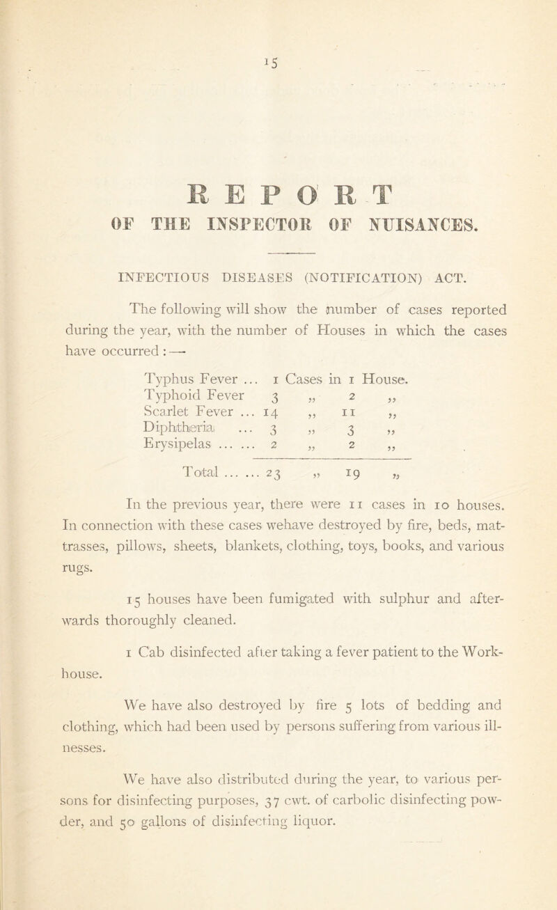 OF THE INSPECTOR OF NUISANCES. INFECTIOUS DISEASES (NOTIFICATION) ACT, The following will show the {number of cases reported during the year, with the number of Houses in which the cases have occurred : — Typhus Fever ... i Cases in i House. Typhoid Fever 3 „ 2 ,, Scarlet Fever ... 14 ,, 11 ,, Diphtherial ... 3 „ 3 „ Erysipelas 2 „ 2 „ Total 23 „ 19 „ In the previous year, there were 11 cases in 10 houses. In connection with these cases wehave destroyed by fire, beds, mat- trasses, pillows, sheets, blankets, clothing, toys, books, and various rugs. 15 houses have been fumigated with sulphur and after- wards thoroughly cleaned. 1 Cab disinfected after taking a fever patient to the Work- house. We have also destroyed by fire 5 lots of bedding and clothing, which had been used by persons suffering from various ill- nesses. We have also distributed during the year, to various per- sons for disinfecting purposes, 37 cwt. of carbolic disinfecting pow- der, and 50 gallons of disinfecting liquor.