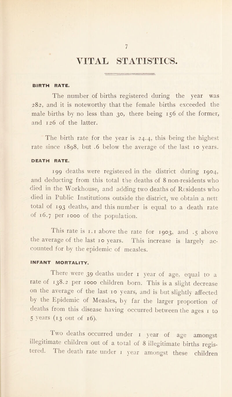 VITAL STATISTICS. BIRTH RATE. The number of births registered during the year was 282, and it is noteworthy that the female births exceeded the male births by no less than 30, there being 156 of the former, and 126 of the latter. The birth rate for the year is 24.4, this being the highest rate since 1898, but .6 below the average of the last 10 years. DEATH RATE. 199 deaths were registered in the district during 1904, and deducting from this total the deaths of 8 non-residents who died in the Workhouse, and adding two deaths of Residents who died in Public Institutions outside the district, we obtain a nett total of 193 deaths, and this number is equal to a death rate of 16.7 per ]000 of the population. This rate is 1.1 above the rate for 1903, and .5 above the average of the last 10 years. This increase is largely ac- counted for by the epidemic of measles. IWFAWT MORTALITY. There were 39 deaths under 1 year of age. equal to a late of 138.2 per 1000 children born. This is a slight decrease on the average of the last 10 years, and is but slightly affected by the Epidemic of Measles, by far the larger proportion of deaths from this disease having occurred between the ages 1 to 5 years (13 out of i6)>. P wo deaths occurred under 1 year of age amongst illegitimate children out of a total of 8 illegitimate births regis- tered. The death rate under 1 year amongst these children