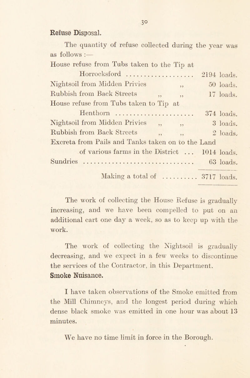 Refuse Disposal. The quantity of refuse collected during the year was as follows :— House refuse from Tubs taken to the Tip at Horrocksford 2194 loads. Nightsoil from Midden Privies ,, 50 loads. Rubbish from Back Streets ,, ,, 17 loads. House refuse from Tubs taken to Tip at Henthorn 374 loads. Nightsoil from Midden Privies ,, ,, 3 loads. Rubbish from Back Streets ,, ,, 2 loads.. Excreta from Pails and Tanks taken on to the Land of various farms in the District ... 1014 loads. Sundries 63 loads. Making a total of 3717 loads. The work of collecting the House Refuse is gradually increasing, and we have been compelled to put on an additional cart one day a week, so as to keep up with the work. The work of eoilecting the Nightsoil is gradually decreasing, and we expect in a few weeks to discontinue the services of the Contractor, in this Department. Smoke Nuisance. I have taken observations of the Smoke emitted from the Mill Chimneys, and the longest period during which dense black smoke was emitted in one hour was about 13 minutes. We have no time limit in force in the Borough.