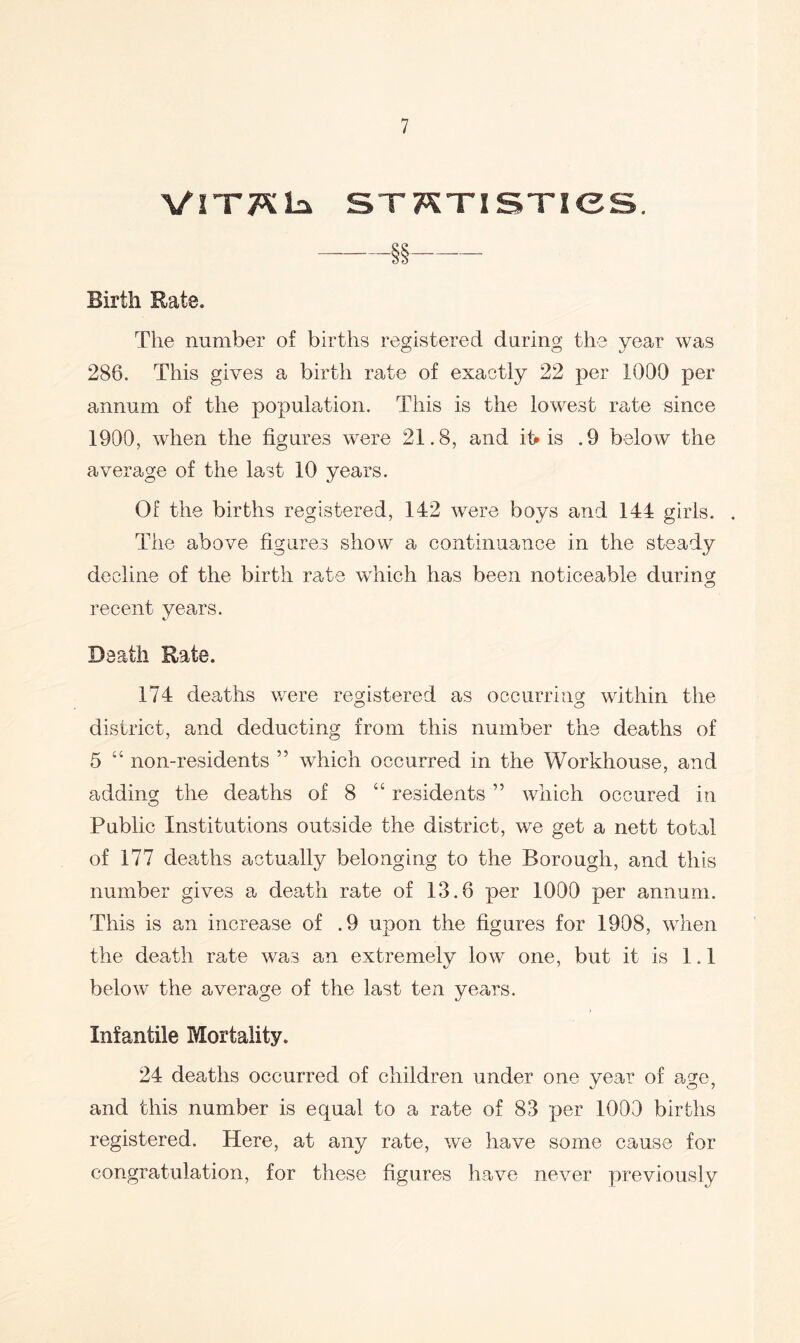 VlXT^Li STJ^XISTieS. Birth Rate. The number of births registered during the year was 286. This gives a birth rate of exactly 22 per 1000 per annum of the population. This is the lowest rate since 1900, when the figures were 21.8, and ibis .9 below the average of the last 10 years. Of the births registered, 142 were boys and 144 girls. The above figures show a continuance in the steady decline of the birth rate which has been noticeable during recent years. Death Rate. 174 deaths were registered as occurring within the district, and deducting from this number the deaths of 5 “ non-residents ” which occurred in the Workhouse, and adding the deaths of 8 “ residents ” which occured in Public Institutions outside the district, we get a nett total of 177 deaths actually belonging to the Borough, and this number gives a death rate of 13.6 per 1000 per annum. This is a,n increase of .9 upon the figures for 1908, when the death rate was an extremelv low one, but it is 1.1 below the average of the last ten years. Infantile Mortality. 24 deaths occurred of children under one year of age, and this number is equal to a rate of 83 per 1000 births registered. Here, at any rate, we have some cause for congratulation, for these figures have never previously