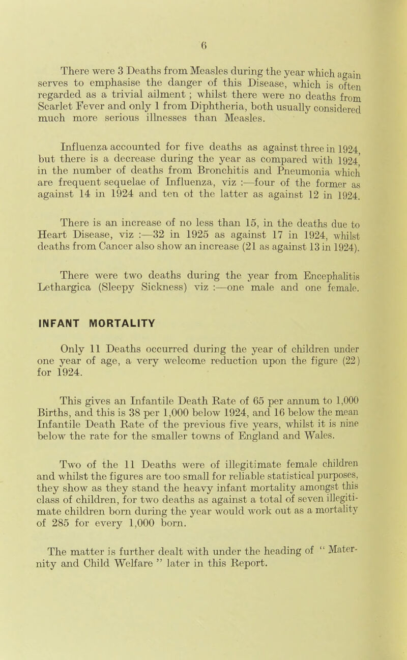 There were 3 Deaths from Measles during the year which again serves to emphasise the danger of this Disease, wliich is often regarded as a trivial ailment; wdiilst there were no deaths from Scarlet Fever and only 1 from Diphtheria, both usually considered much more serious illnesses than Measles. Influenza accounted for five deaths as against three in 1924 but there is a decrease during the year as compared with 1924' in the number of deaths from Bronchitis and Pneumonia which are frequent sequelae of Influenza, viz :—four of the former as against 14 in 1924 and ten ol the latter as against 12 in 1924. There is an increase of no less than 15, in the deaths due to Heart Disease, viz 32 in 1925 as against 17 in 1924, whilst deaths from Cancer also show an increase (21 as against 13 in 1924). There w^ere two deaths during the year from Encephahtis Lethargica (Sleepy Siclcness) viz one male and one female. INFANT MORTALITY Only 11 Deaths occurred during the year of children under one year of age, a very welcome reduction upon the figure (22) for 1924. This gives an Infantile Death Bate of 65 per annum to 1,000 Births, and this is 38 per 1,000 below 1924, and 16 below the mean Infantile Death Rate of the previous five years, whilst it is nine below the rate for the smaller towns of England and Wales. Two of the 11 Deaths were of illegitimate female children and whilst the figures are too small for reliable statistical purposes, they show as they stand the heavy infant mortality amongst this class of children, for two deaths as against a total of seven illegiti- mate children born during the year would work out as a mortality of 285 for every 1,000 born. The matter is further dealt with under the heading of “ Mater- nity and Child Welfare ” later in tliis Report.