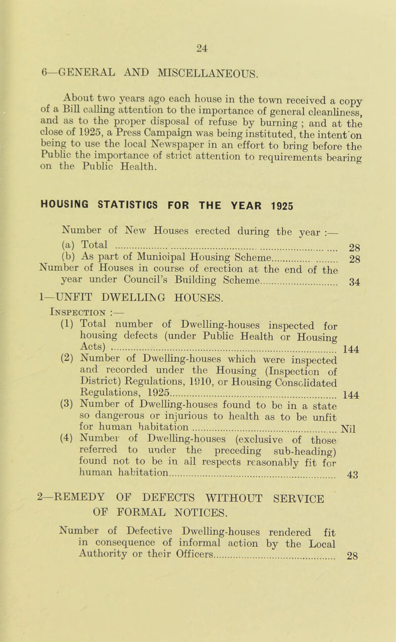 6—GENERAL AND MISCELLANEOUS. About two years ago each house in the town received a copy of a Bill calling attention to the importance of general cleanliness, and as to the proper disposal of refuse by burning ; and at the close of 1925, a Press Campaign was being instituted, the intenfon being to use the local Newspaper in an effort to bring before the Public the importance of strict attention to requirements bearing on the Public Health. HOUSING STATISTICS FOR THE YEAR 1925 Number of New Houses erected during the year : (a) Total 28 (b) As part of Municipal Housing Scheme 28 Number of Houses in course of erection at the end of the year under Council’s Building Scheme 34 1—UNFIT DWELLING HOUSES. Inspection :— (1) Total number of Dwelling-houses inspected for housing defects (under Public Health or Housing (2) Number of Dwelling-houses which were inspected and recorded under the Housing (Inspection of District) Regulations, 1910, or Housing Consolidated Regulations, 1925 I44 (3) Number of Dwelling-houses found to be in a state so dangerous or injurious to health as to be unfit for human habitation (4) Number of Dwelling-houses (exclusive of those referred to under the preceding sub-heading) found not to be in ail respects reasonably fit for human habitation 43 2—REMEDY OF DEFECTS WITHOUT SERVICE OF FORMAL NOTICES. Number of Defective Dwelling-houses rendered fit in consequence of informal action by the Local Authority or their Officers 28