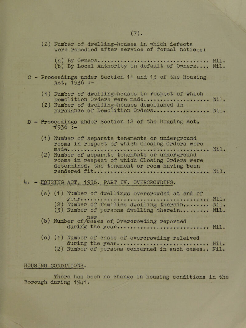 (2) Nxunber of dwelling-houses in which defects were remedied after service of formal notices: (n) By Owners Nil. (h) By Local Authority in default of 0\mers..., Nil. C ~ Proceedings under Section 11 and 13 of the Housing Act, 1936 (1) Number of dwelling-houses in respect of which Demolition Orders were made... Nil. (2) Number of dwelling-houses demolished in pursuance of Demolition Orders. Nil. D - Proceedings under Section 12 of the Housing Act, -7936 (1) Numlaer of separate tenements or underground rooms in respect of which Closing Orders were made Nil. (2) Number of separate tenements or underground rooms in respect of ?/hich Closing Orders were determined, the tenement or room having been rendered fit Nil. 4. - HOUSINO ACT, 1936. PANT IV. OVERCROWDINO. (a) (1) Number of dwellings overcrowded at end of year Nil. (2) Number of families dv/elling therein Nil. (3) Number of persons dwelling therein Nil. / X new (,b; Number of/cases of Overcrowding reported during the year Nil. (c) (1) Number of cases of overcrowding releived during the year. Nil. (2) Number of persons concerned in such cases.. Nil. HOUSING CONDITIONS. There has been no change in housing conditions in the Borough during 1941*