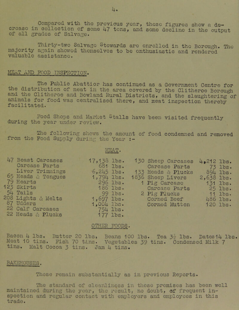 4. Comparod with tho previous year, those figures show a de- crease in collection of some 47 tons> and some decline in the output of all grades of Salvage. Thirty-two Salvage Stewards are enrolled in tho Borough. The majority again showed themselves to he enthusiastic and rendered valuable assistance. IIEAT AND FOOD -INSPECTION. The Public Abattior has continued as a Government Centre for the distribution of meat in the area covered by the Clitheroe Borough and the Clitheroe and Bowlaiid Rural Districts? and the slaughtering of animals for food v/as centralised there, and meat inspection thereby facilitated. Pood Shops and Market Stalls have been visited frequently during the year under revie?/. The follov/ing shows the amount of food condemned and removed from the Pood Supply during the Year IvIEAT. 47 Beast Carcases 17,133 lbs. 130 Sheep Carcases 4»212 lbs. Carcase Parts 681 lbs. Carcase Parts 73 lbs. Liver Trinmiings 6,245 lbs. 153 Heads d Plucks 894 lbs. bp Heads d Tongues 1,794 lbs. 1836 Sheep Livers 2,638 lbs. 79 Hearts 296 lb s. 1 Pig Carcase 131 lbs. 123 Skirts 186 lbs. Carcase Parts 25 lbs. 54 Tails 99 lbs. 2 Pig Plucks 11 lbs. 208 Lights d Melts 1,697 lbs. Corned Beef 486 lbs. 87 Udders 1,004 lbs. Corned Jetton 120 lbs. 22 Calf Carcases 754 lbs. 22 Heads d Plucks 177 lbs. OTHER POODS. Bacon 4 lbs. Butter 20 lbs, Beans iOO lbs. Tea 3i l^bs. Dates 14 lbs. Meat 10 tins. Pish 70 tvlns. Vegetables 39 tins. Condensed Milk 7 tins. Malt Cocoa 3 tins. Jam 4 tins. BAKEHOUSES. These remain substantially as in previous Reports. The standard of cleanliness in these premises has been well maintained during the year, the result, no doubt, of frequent in- spection and regular contact with employers and employees in this trade.