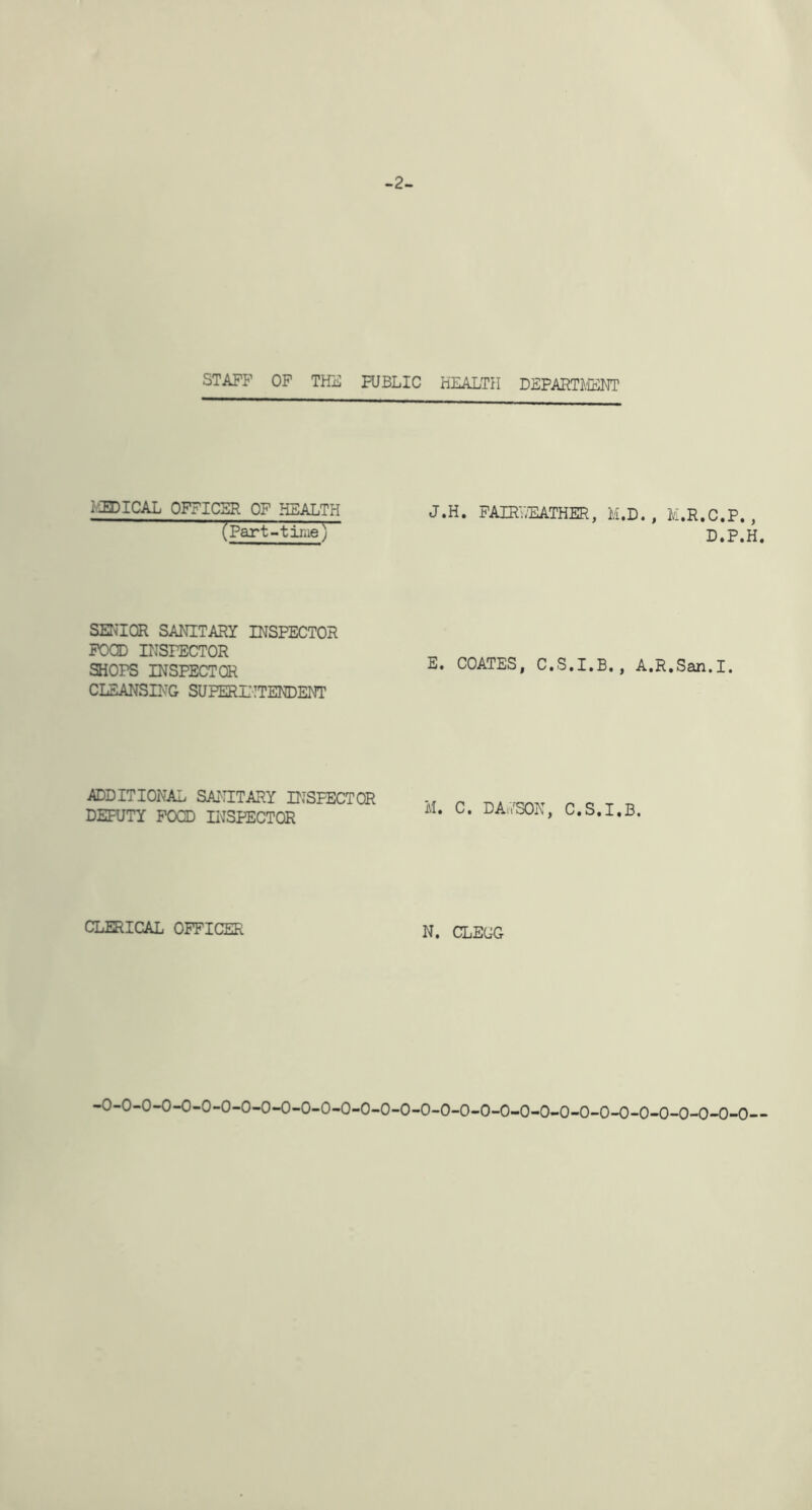 -2- STAFP OP THE FUBLIC HEALTH DEPARTMENT liEDICAL OFFICER OF HEALTH (Fart-time) J.H. FAIRTEATHER, M.D. , M.R.C.P., D.P.H SENIOR SANITARY INSPECTOR FOOD INSPECTOR SHOPS INSPECTOR CLEANSING SUPERINTENDENT E. COATES, C.S.I.B., A.R.San.I. ADDITIONAL SANITARY INSPECTOR DEFUTY FOOD INSPECTOR M. C. DA.7SON, C.S.I.B. CLERICAL OFFICER N. CLEGG -O-O-O-O-O-O-O-O-O-O-O-O-O-O-O-O-O-O-O-O-O-O-O-O-O-O-O-O-O-O-O-O-O-