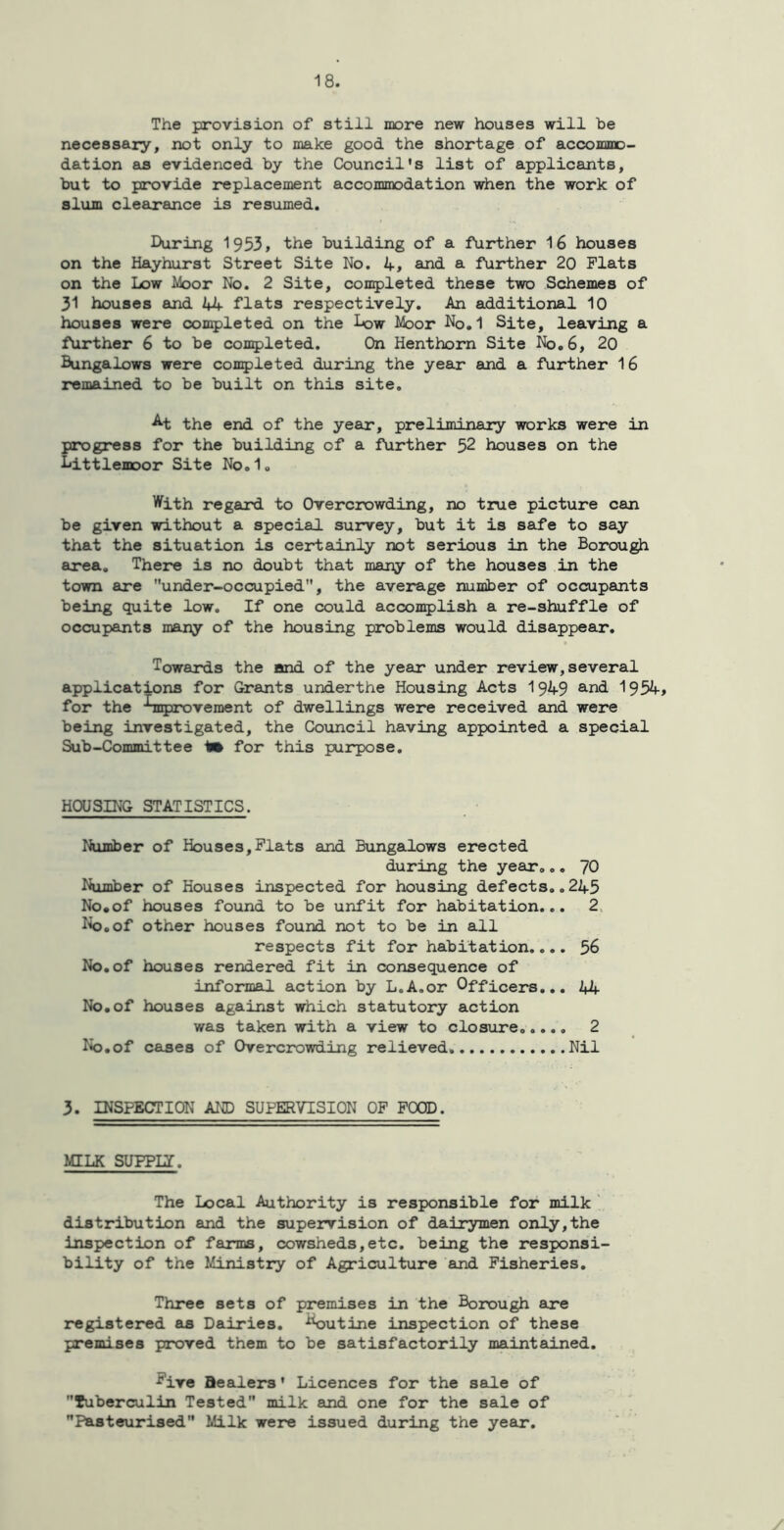 The provision of still more new houses will be necessary, not only to make good the shortage of accommo- dation as evidenced by the Council's list of applicants, but to provide replacement accommodation when the work of slum clearance is resumed. During 1953, the building of a further 16 houses on the Hayhurst Street Site No. 4, and a further 20 Plats on the Low Moor No. 2 Site, completed these two Schemes of 31 houses and 44 flats respectively. An additional 10 houses were completed on the Low Moor No.1 Site, leaving a further 6 to be completed. On Henthorn Site No.6, 20 Bungalows were completed during the year and a further 16 remained to be built on this site. ^t the end of the year, preliminary works were in progress for the building of a further 52 houses on the Littlemoor Site No.1. With regard to Overcrowding, no true picture can be given without a special survey, but it is safe to say that the situation is certainly not serious in the Borough area. There is no doubt that many of the houses in the town are under-occupied, the average number of occupants being quite low. If one could accomplish a re-shuffle of occupants many of the housing problems would disappear. Towards the and of the year under review,several applications for Grants underthe Housing Acts 1949 and 1954, for the improvement of dwellings were received and were being investigated, the Council having appointed a special Sub-Committee to for this purpose. HOUSING STATISTICS. Number of Houses,Plats and Bungalows erected during the year... 70 Number of Houses inspected for housing defects..245 No.of houses found to be unfit for habitation... 2 Ik), of other houses found not to be in all respects fit for habitation.... 56 No.of houses rendered fit in consequence of informal action by L.A.or Officers... 44 No.of houses against which statutory action was taken with a view to closure..... 2 No.of cases of Overcrowding relieved Nil 3. INSPECTION AND SUPERVISION OF FOOD. MILK SUPPLT. The Local Authority is responsible for milk distribution and the supervision of dairymen only,the inspection of farms, cowsheds,etc. being the responsi- bility of the Ministry of Agriculture and Fisheries. Three sets of premises in the Borough are registered as Dairies. **outine inspection of these premises proved them to be satisfactorily maintained. ^ive Dealers' Licences for the sale of Tuberculin Tested milk and one for the sale of Pasteurised Milk were issued during the year.