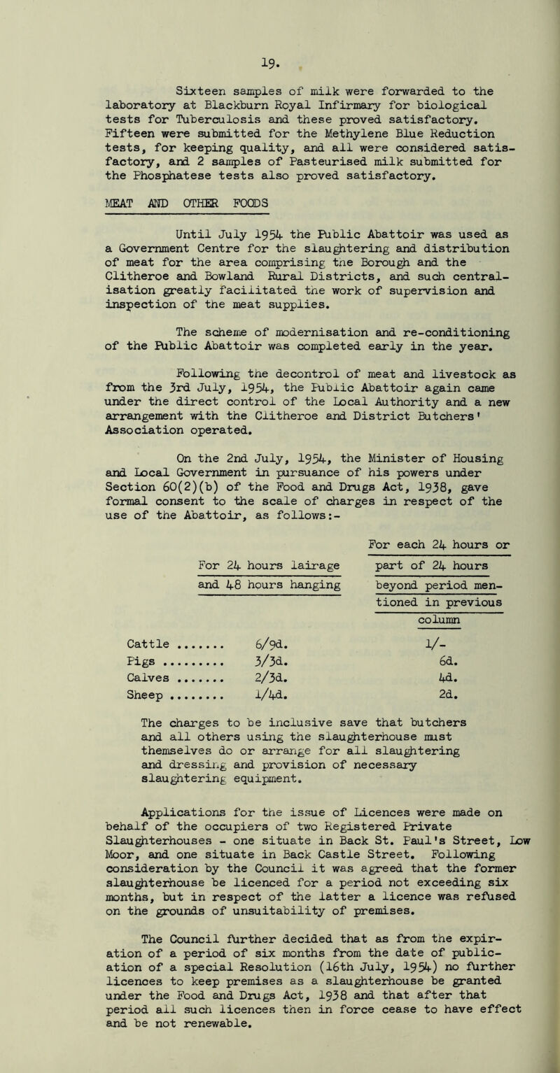 Sixteen samples of milk were forwarded to the laboratory at Blackburn Royal Infirmary for biological tests for Tuberculosis and these proved satisfactory. Fifteen were submitted for the Methylene Blue Reduction tests, for keeping quality, and all were considered satis- factory, and 2 samples of Pasteurised milk submitted for the Phosphatese tests also proved satisfactory. MEAT AND OTHER FOODS Until July 1954 the Public Abattoir was used as a Government Centre for the slaughtering and distribution of meat for the area comprising tne Borough and the Clitheroe and Bowland Rural Districts, and such central- isation greatly facilitated tne work of supervision and inspection of the meat supplies. The scheme of modernisation and re-conditioning of the Public Abattoir was completed early in the year. Following the decontrol of meat and livestock as from the 3rd July, 1954, the Public Abattoir again came under the direct control of the Local Authority and a new arrangement with the Clitheroe and District Butchers• Association operated. On the 2nd July, 1954, the Minister of Housing and Local Government in pursuance of his powers under Section 60(2)(b) of the Food and Drugs Act, 1938, gave formal consent to the scale of charges in respect of the use of the Abattoir, as follows:- For each 24 hours or For 24 hours lair age part of 24 hours and 48 hours hanging beyond period men- tioned in previous column Cattle 6/9d. l/- Pigs 3/3d. 6d. Calves 2/3d. 4d. Sheep l/4d. 2d. The charges to be inclusive save that butchers and all others using the slaughterhouse must themselves do or arrange for all slaughtering and dressing and provision of necessary slaughtering equipment. Applications for the issue of Licences were made on behalf of the occupiers of two Registered Private Slaughterhouses - one situate in Back St. Paul's Street, Low Moor, and one situate in Back Castle Street. Following consideration by the Council it was agreed that the former slaughterhouse be licenced for a period not exceeding six months, but in respect of the latter a licence was refused on the grounds of unsuitability of premises. The Council further decided that as from the expir- ation of a period of six months from the date of public- ation of a special Resolution (16th July, 1954) no further licences to keep premises as a slaughterhouse be granted under the Food and Drugs Act, 1938 and that after that period all such licences then in force cease to have effect and be not renewable.