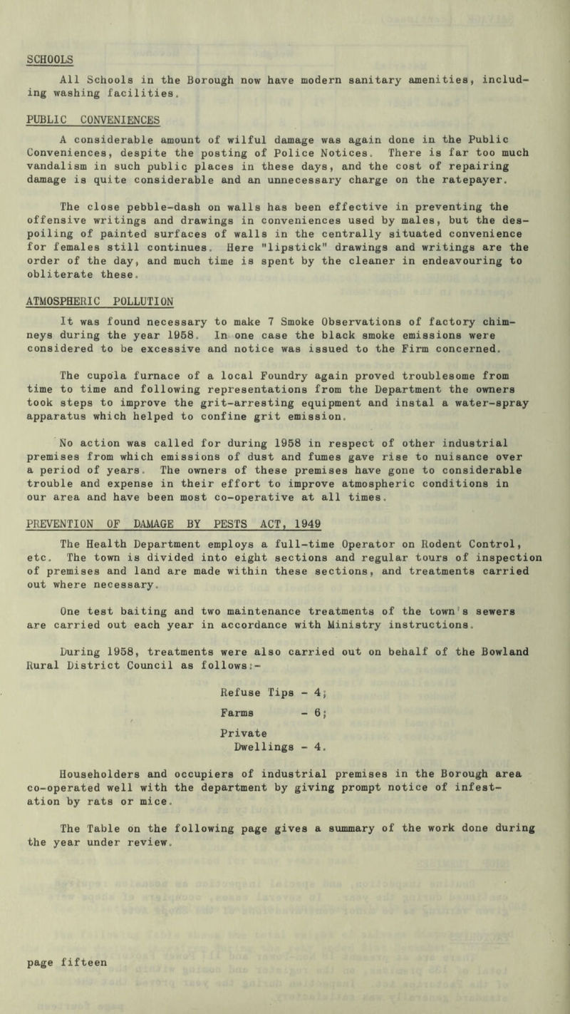 SCHOOLS All Schools in the Borough now have modern sanitary amenities, includ- ing washing facilities. PUBLIC CONVENIENCES A considerable amount of wilful damage was again done in the Public Conveniences, despite the posting of Police Notices. There is far too much vandalism in such public places in these days, and the cost of repairing damage is quite considerable and an unnecessary charge on the ratepayer. The close pebble-dash on walls has been effective in preventing the offensive writings and drawings in conveniences used by males, but the des- poiling of painted surfaces of walls in the centrally situated convenience for females still continues. Here lipstick” drawings and writings are the order of the day, and much time ia spent by the cleaner in endeavouring to obliterate these. ATMOSPHERIC POLLUTION It was found necessary to make 7 Smoke Observations of factory chim- neys during the year 1058. In. one case the black smoke emissions were considered to be excessive and notice was issued to the Firm concerned. The cupola furnace of a local Foundry again proved troublesome from time to time and following representations from the Department the owners took steps to improve the grit-arresting equipment and instal a water-spray apparatus which helped to confine grit emission. No action was called for during 1958 in respect of other industrial premises from which emissions of dust and fumes gave rise to nuisance over a period of years. The owners of these premises have gone to considerable trouble and expense in their effort to improve atmospheric conditions in our area and have been most co-operative at all times. PREVENTION OF DAMAGE BY PESTS ACT, 1949 The Health Department employs a full-time Operator on Rodent Control, etc. The town is divided into eight sections and regular tours of inspection of premises and land are made within these sections, and treatments carried out where necessary. One test baiting and two maintenance treatments of the town's sewers are carried out each year in accordance with Ministry instructions. During 1958, treatments were also carried out on behalf of the Bowland Rural District Council as followss- Refuse Tips - 4; Farms - 6; Private Dwellings - 4. Householders and occupiers of industrial premises in the Borough area co-operated well with the department by giving prompt notice of infest- ation by rats or mice. The Table on the following page gives a summary of the work done during the year under review.
