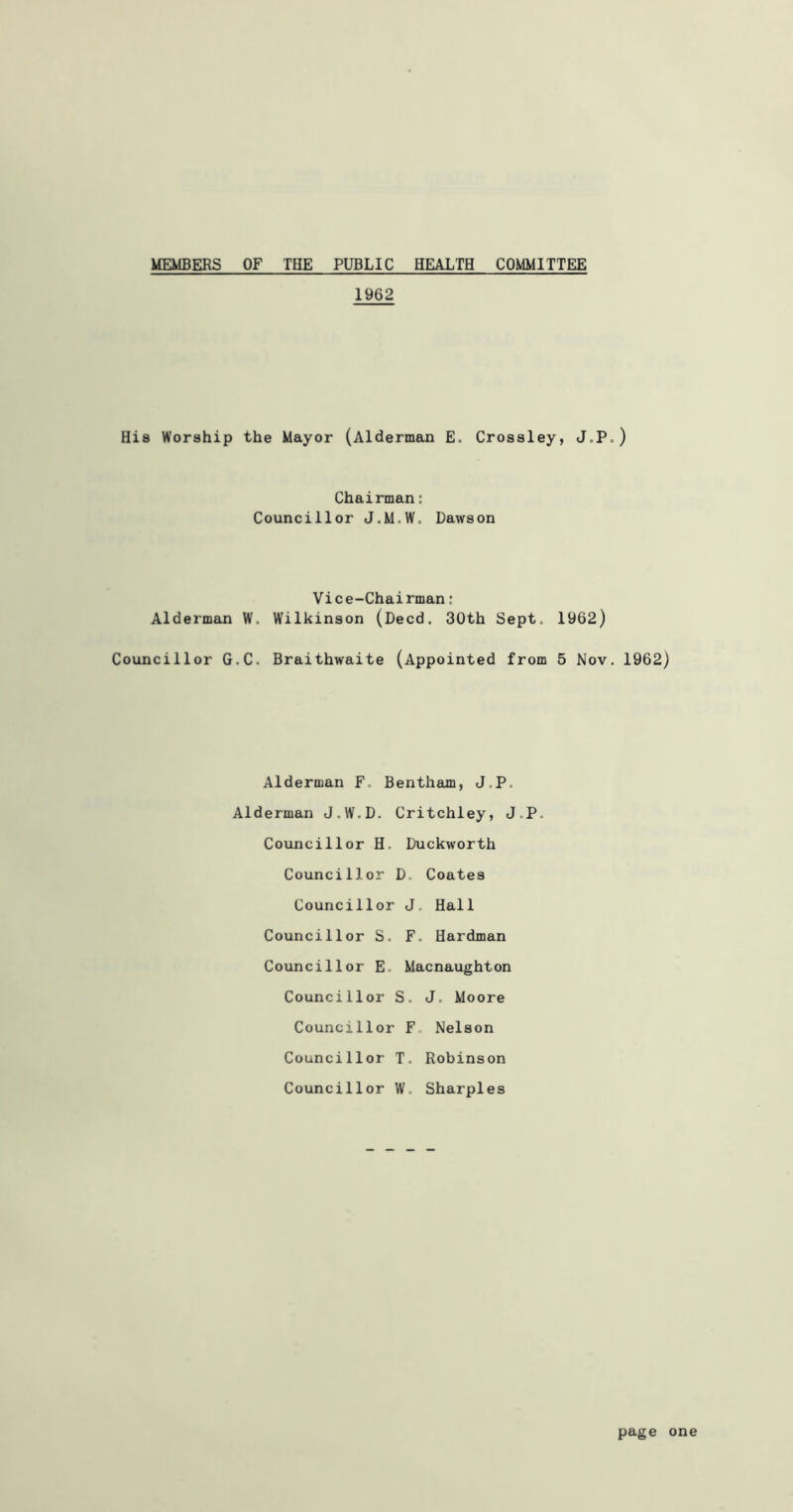 MEMBERS OF THE PUBLIC HEALTH COMMITTEE 1962 His Worship the Mayor (Alderman E. Crossley, J.P.) Chairman: Councillor J.M.W. Dawson Vice-Chairman: Alderman W. Wilkinson (Deed. 30th Sept. 1962) Councillor G.C. Braithwaite (Appointed from 5 Nov. 1962) Alderman F. Bentheim, J.P. Alderman J.W.D. Critchley, J.P. Councillor H. Duckworth Councillor D. Coates Councillor J. Hall Councillor S. F. Hardman Councillor E. Macnaughton Councillor S. J. Moore Councillor F. Nelson Councillor T. Robinson Councillor W. Sharpies