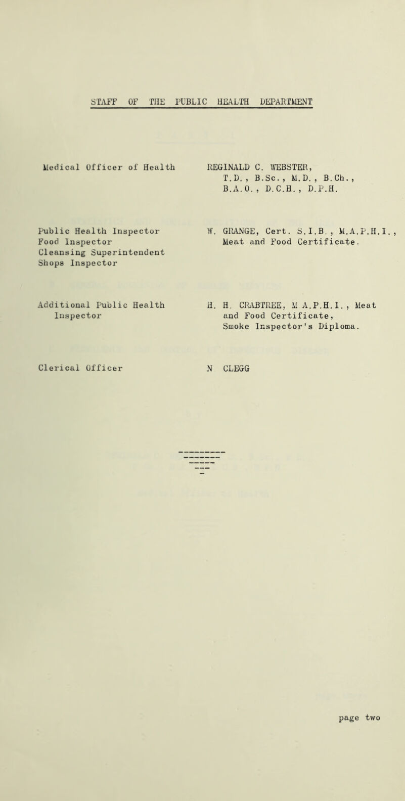 ST.VFF OF THE PUBLIC HEALTH BEPARTHENT kedical Officer of Health REGINALD C. \VEBSTER, r.D. , B.Sc. , M.D. , B.Ch. , B.A.O., D.C.H., D.P.H. Public Health Inspector Food Inspector Cleansing Superintendent Shops Inspector W. GPvANGE, Cert. S.I.B., M.A.P.H.I., Meat and Food Certificate. Additional Ihiblic Health Inspector H. H. CILLBTREE, MA.P.H.l., Meat and Food Certificate, Smoke Inspector's Diploma. Clerical Officer N CLEGG page two