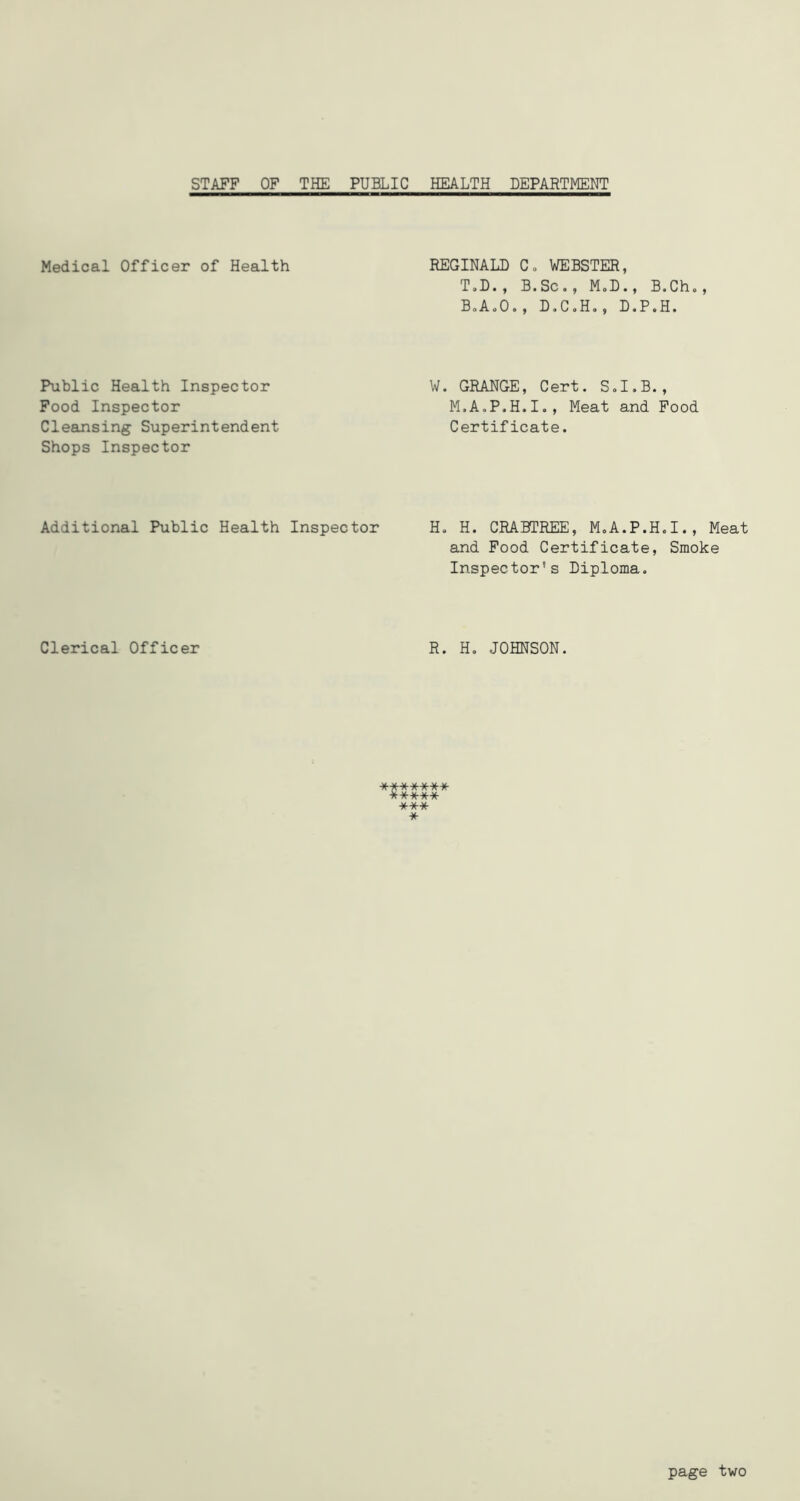STAFF OF THE PUBLIC HEALTH DEPARTMENT Medical Officer of Health Public Health Inspector Food Inspector Cleansing Superintendent Shops Inspector REGINALD Co WEBSTER, ToD., B.Sc., MoD., B.Ch., BoAoO., D.CoHo, D.P.H. W. GRANGE, Cert. S.I.B., M.A.P.H.I., Meat and Food Certificate. Additional Public Health Inspector H. H. CRABTREE, M.A.P.H.I., Meat and Food Certificate, Smoke Inspector’s Diploma. Clerical Officer R. Ho JOHNSON. ******•»(- * page two