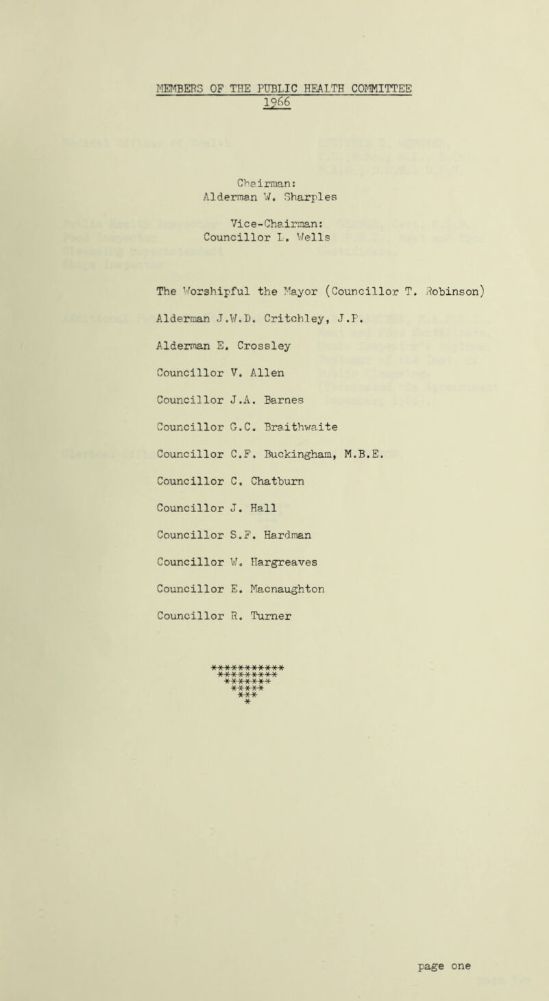 MEMBERS OF THE PUBLIC HEALTH COMITTEE Cbainnan: Alderman V. Sharpies Vice-Chairman: Councillor L, Wells The ^--^orshipful the Mayor (Councillor T. Robinson) Alderman J.\7.D. Critchley, J.F. Alderman S, Crossley Councillor V, Allen Councillor J.A. Barnes Councillor G.C. Braithwa,ite Councillor C.F. Buckingham, M.B.E. Councillor C, Chatburn Councillor J. Hall Councillor S.F. Hardman Councillor W, Hargreaves Councillor E. Macnaughton Councillor R. Turner *********** ********* ******* ***** *** *