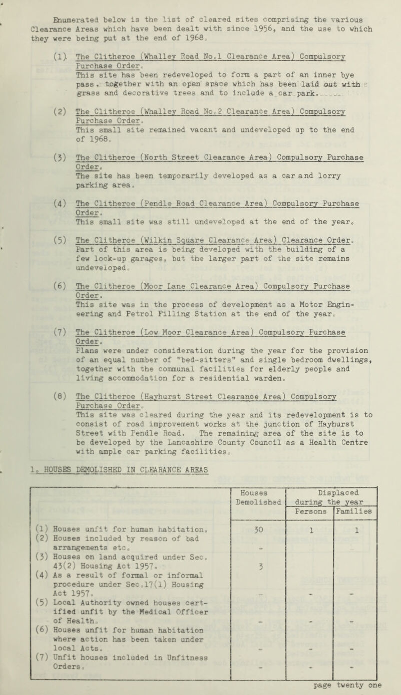 Enumerated below is the list of cleared sites comprising the various Clearance Areas which have been dealt with since 1956, and the use to which they were being put at the end of 1968, (1) The Clitheroe iVhalley Road Nool Clearance Area) Compulsory Purchase Orderc This site has been redeveloped to form a part of an inner bye pass , together with an open snace which has been'' laid out with s grass and decorative trees and to include a car park, ' (2) The Clitheroe (Whalley Road Noo2 Clearance Area) Compulsory Purchase Order. This small site remained vacant and undeveloped up to the end of 19680 (3) The Clitheroe (North Street Clearance Area) Compulsory Purchase Order, The site has been temporarily developed as a car and lorry parking area. (4) The Clitheroe (Pendle Road Clearance Area) Compulsory Purchase Order. This small site was still undeveloped at the end of the year, (5) The Clitheroe (Vilkin Square Clearance Area) Clearance Order, Part of this area is being developed with the building of a few lock-up garages, but the larger part of the site remains undeveloped, (6) The Clitheroe (Moor Lane Clearance Area) Compulsory Purchase Order. This site was in the process of development as a Motor Engin- eering and Petrol Filling Station at the end of the year, (7) The Clitheroe (Low Moor Clearance Area) Compulsory Purchase Order. Plans were under consideration during the year for the provision of an equal number of bed-sitters and single bedroom dwellings, together with the communal facilities for elderly people and living accommodation for a residential warden, (8) The Clitheroe (Hayhurst Street Clearance Area) Compulsory Purchase Order, This site was cleared during the year and its redevelopment is to consist of road improvement works at the junction of Hayhurst Street with Pendle Road. The remaining area of the site is to be developed by the Lancashire County Council as a Health Centre with ample car parking facilities, 1o HOUSES DEMOLISHED IN CLEARANCE AREAS (1) Houses unfit for human liabitation, (2) Houses included by reason of bad arrangements etc. (3) Houses on land acquired under Sec, 43(2) Housing Act 1957o (4) As a result of formal or informal procedure under SeCol7(l) Housing Act 1957. (5) Local Authority owned houses cert- ified unfit by the Medical Officer of Health, (6) Houses unfit for human habitation where action has been taken under local Acts. (7) Unfit houses included in Unfitness Orders, Houses Demolished Displaced during the year Persons Families 50 1 1 3 - - - -