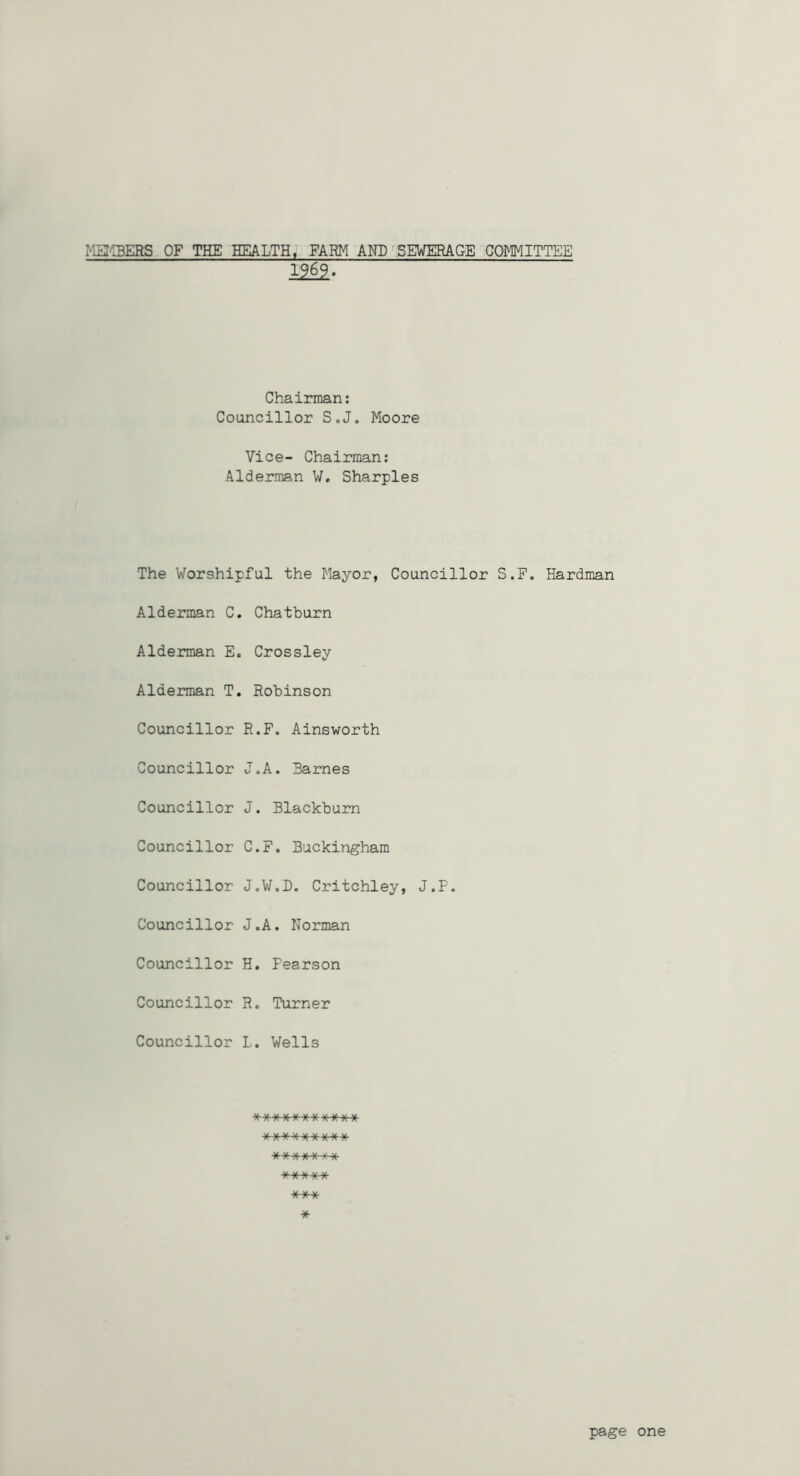 metiers of the health, farm and'SEWERAGE COMMITTEE Mi. Chairman: Councillor S,J. Moore Vice- Chairman: Alderman W. Sharpies The Worshipful the Mayor, Councillor S.P. Hardman Alderman C. Chathurn Alderman E. Crossley Alderman T. Robinson Councillor R.F. Ainsworth Councillor J.A. Barnes Councillor J. Blackburn Councillor C.F. Buckingham Councillor J.V/.D. Critchley, J.F. Councillor J.A, Norman Councillor H. Pearson Councillor R, Turner Councillor L. Wells ******* **** ********* ******* ***** *** * page one