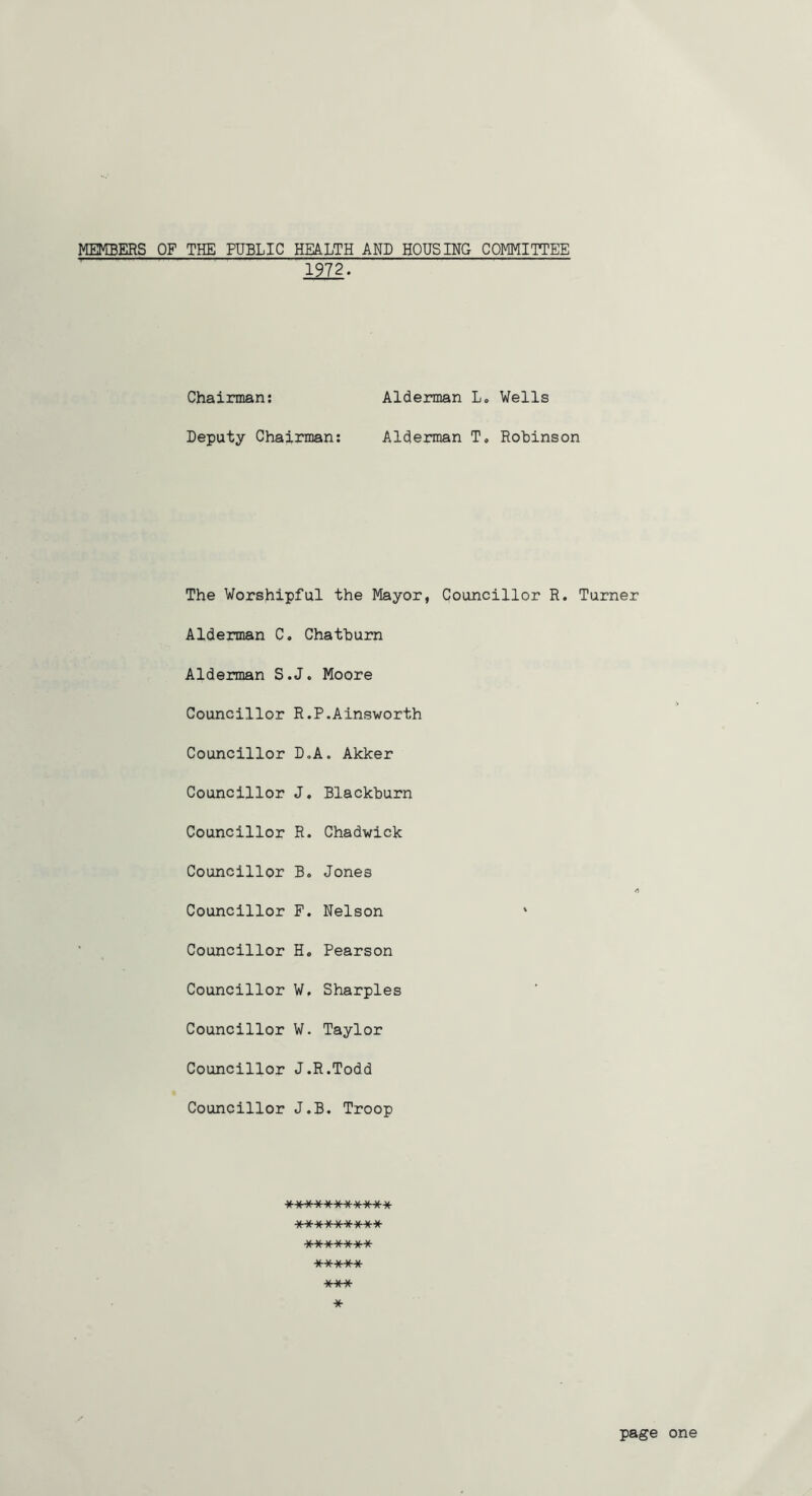 MEMBERS OF THE PUBLIC HEALTH AND HOUSING COMMITTEE 1972. Chairman; Alderman L. Wells Deputy Chairman: Alderman T, Robinson The Worshipful the Mayor, Councillor R. Turner Alderman C. Chatburn Alderman S.J. Moore Councillor R.P.Ainsworth Councillor D,A. Akker Councillor J. Blackburn Councillor R. Chadwick Councillor B. Jones /i Councillor F. Nelson ‘ Councillor H, Pearson Councillor W, Sharpies Councillor W. Taylor Councillor J.R.Todd Councillor J.B. Troop ■»<■********** ■x-x-******* ******* ***** WWW A A ^ *