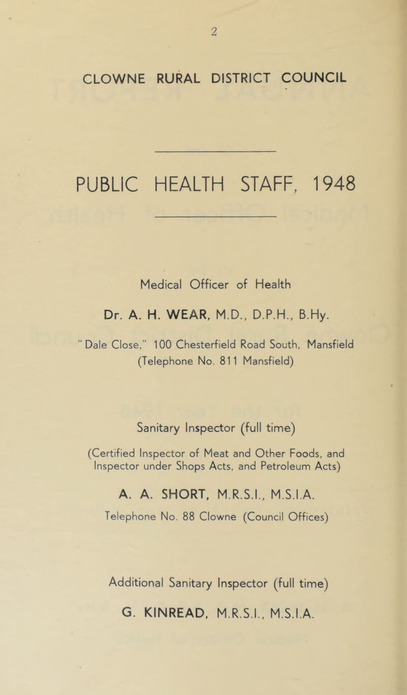 CLOWNE RURAL DISTRICT COUNCIL PUBLIC HEALTH STAFF, 1948 Medical Officer of Health Dr. A. H. WEAR, M.D.. D.P.H., B.Hy. Dale Close,” 100 Chesterfield Road South, Mansfield (Telephone No. 811 Mansfield) Sanitary Inspector (full time) (Certified Inspector of Meat and Other Foods, and Inspector under Shops Acts, and Petroleum Acts) A. A. SHORT, M.R.S.I., M.S.I.A. Telephone No. 88 Clowne (Council Offices) Additional Sanitary Inspector (full time) G. KINREAD, M.R.S.I., M.S.I.A.