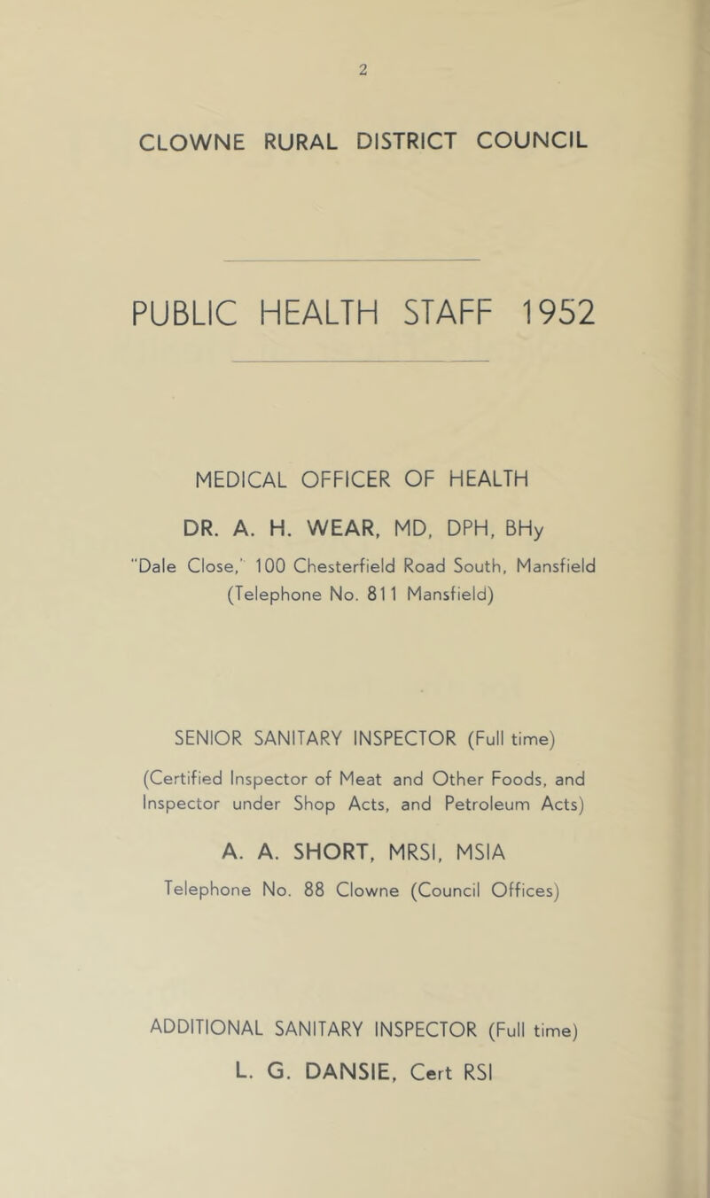 CLOWNE RURAL DISTRICT COUNCIL PUBLIC HEALTH STAFF 1952 MEDICAL OFFICER OF HEALTH DR. A. H. WEAR, MD, DPH, BHy Dale Close, 100 Chesterfield Road South, Mansfield (Telephone No. 811 Mansfield) SENIOR SANITARY INSPECTOR (Full time) (Certified Inspector of Meat and Other Foods, and Inspector under Shop Acts, and Petroleum Acts) A. A. SHORT, MRSI, MSIA Telephone No. 88 Clowne (Council Offices) ADDITIONAL SANITARY INSPECTOR (Full time) L. G. DANSIE, Cert RSI