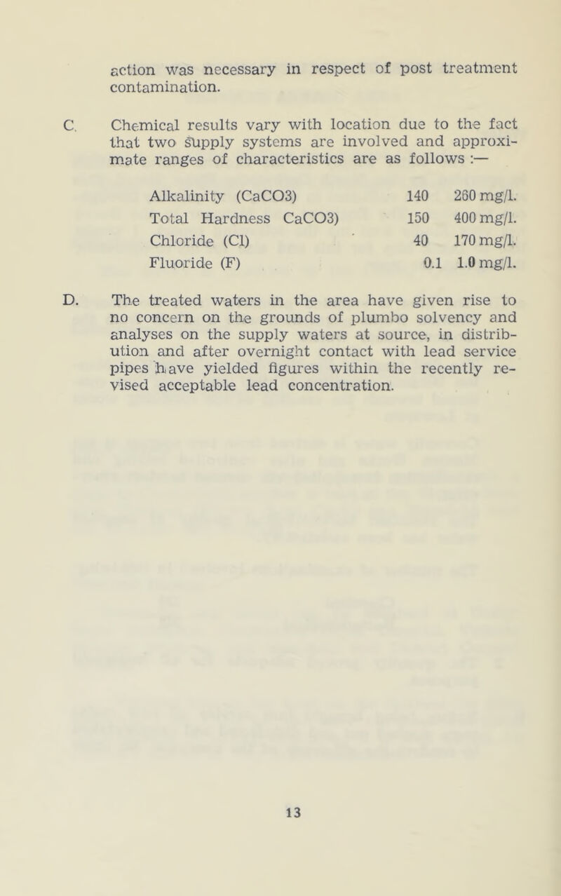 action was necessary in respect of post treatment contamination. C. Chemical results vary with location due to the fact that two supply systems are involved and approxi- mate ranges of characteristics are as follows :— Alkalinity (CaC03) 140 260 mg/L Total Hardness CaC03) 150 400 mg/1. Chloride (Cl) 40 170 mg/1. Fluoride (F) 0.1 1.0 mg/1. D. The treated waters in the area have given rise to no concern on the grounds of plumbo solvency and analyses on the supply waters at source, in distrib- ution and after overnight contact with lead service pipes hi ave yielded figures within the recently re- vised acceptable lead concentration.