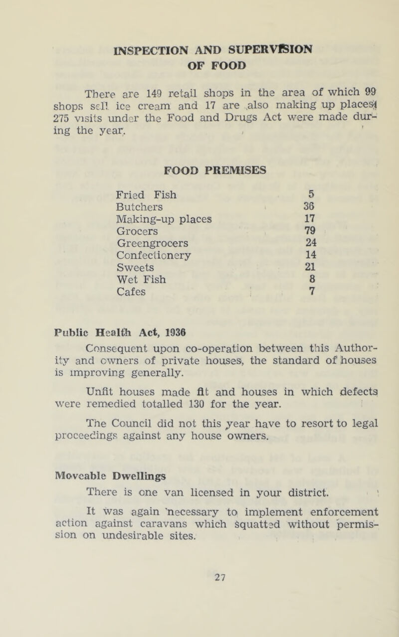 INSPECTION AND SUPERVISION OF FOOD There are 149 retail shops in the area of which 99 shops sell ice cream and 17 are .also making up places;! 275 Visits under the Food and Drugs Act were made dur- ing the year. FOOD PREMISES Fried Fish 5 Butchers 36 Making-up places 17 Grocers 79 Greengrocers 24 Confectionery 14 Sweets 21 Wet Fish 8 Cafes 7 Public Health Act, 1936 Consequent upon co-operation between this Author- ity and owners of private houses, the standard of houses is improving generally. Unfit houses made fit and houses in which defects were rem.edied totalled 130 for the year. The Council did not this year have to resort to legal proceedings against any house owners. Moveable Dwellings There is one van licensed in your district. ' It was again 'necessary to implement enforcement action against caravans which Squatted without permis- sion on undesirable sites.