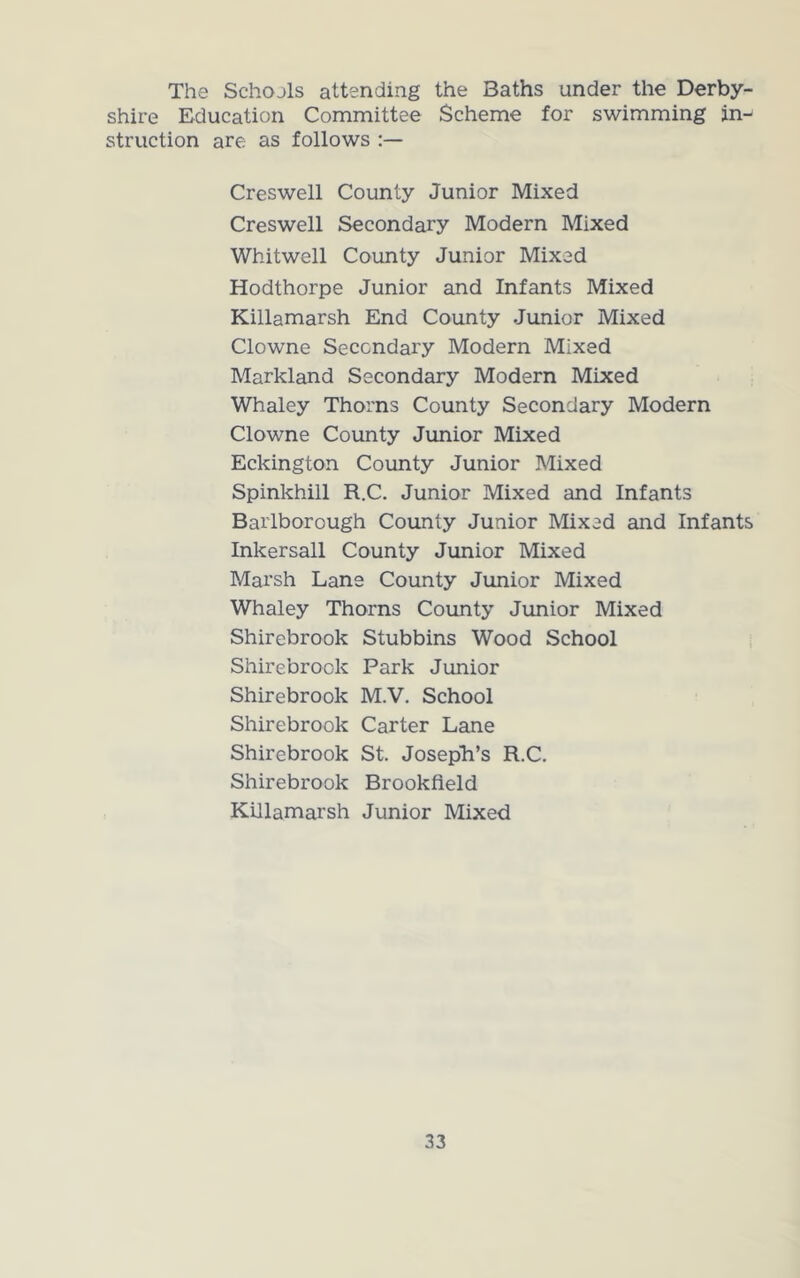 The Schojls attending the Baths under the Derby- shire Education Committee Scheme for swimming in-^ struction are as follows :— Creswell County Junior Mixed Creswell Secondary Modern Mixed Whitwell County Junior Mixed Hodthorpe Junior and Infants Mixed Killamarsh End County Junior Mixed Clowne Secondary Modern Mixed Markland Secondary Modern Mixed Whaley Thoms County Secondary Modern Clowne County Junior Mixed Eckington County Junior Mixed Spinkhill R.C. Junior Mixed and Infants Barlborough County Junior Mixed and Infants Inkersall County Junior Mixed Marsh Lane County Junior Mixed Whaley Thorns County Junior Mixed Shirebrook Stubbins Wood School i Shirebrook Park Junior Shirebrook M.V. School Shirebrook Carter Lane Shirebrook St. JosepTi’s R.C. Shirebrook Brookfield Killamarsh Junior Mixed