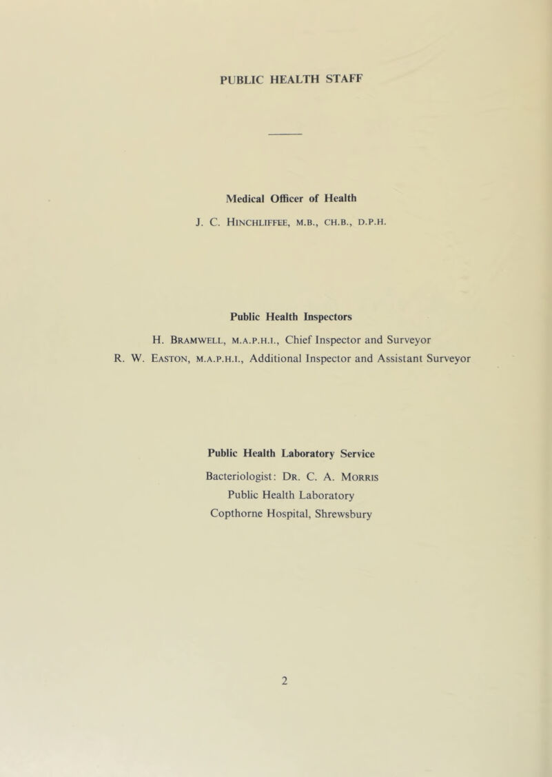 Medical Officer of Health J. C. HINCHLIFFEE, M.B., CH.B., D.P.H. Public Health Inspectors H. Bramwell, M.A.P.H.I., Chief Inspector and Surveyor R. W. Easton, m.a.p.h.i., Additional Inspector and Assistant Surveyor Public Health Laboratory Service Bacteriologist: Dr. C. A. Morris Public Health Laboratory Copthorne Hospital, Shrewsbury