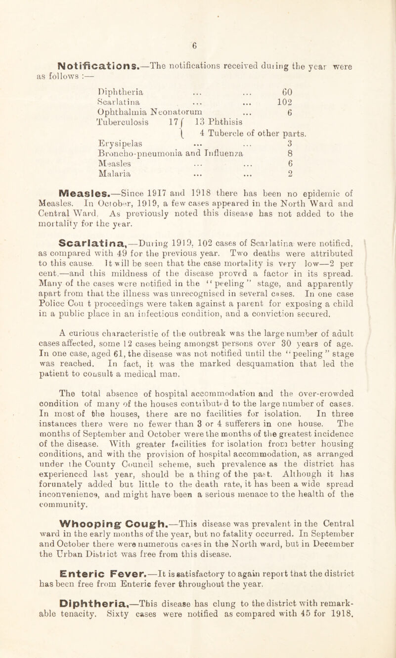 Noti-^cations. —The notifications received dining the year were as follows :— Diphtheria ... ... 60 Scarlatina ... ... 102 Ophthalmia Neonatorum ... 6 Tuberculosis 17 ( 13 Phthisis ( 4 Tubercle of other parts. Erysipelas ... ... 3 Broncho-pneumonia and Influenza 8 Measles ... ... 6 ^klalaria ... ... 2 Measles.—Since 1917 and 1918 there has been no epidemic of Measles. In October, 1919, a few cases appeared in the North Ward and Central Ward, As previously noted this disease has not added to the mortality for the year. Soariatina,—Dming 1919. 102 cases of Scarlatinawere notified, as compared with 49 for the previous year. Two deaths were attributed to this cause. 1 twill be seen that the case mortality is very low—2 per ceirt,—and this mildness of the disease proved a factor in its spread. Many of the cases were notified in the “ peeling ” stage, and apparently apart from that the illness was unrecognised in several cases. In one case Police Cou t proceedings were taken against a parent for exposing a child in a public place in an infectious condition, and a conviction secured. A curious characteristic of the outbreak was the large number of adult cases affected, some 12 cases being amongst persons over 30 years of age. In one case, aged 61, the disease was not notified until the ‘‘peeling ” stage was reached. In fact, it was the marked desquamation that led the patient to consult a medical man. The total absence of hospital accommodation and the over-crowded condition of many of the houses contabutf d to the large number of cases. In most of the houses, there are no facilities for isolation. In three instances there were no fewer than 3 or 4 sufferers in one house. The months of September and October were the months of the greatest incidence of the disease. With greater f«cilities for isolation frora better housing conditions, and with the provision of hospital accommodation, as arranged under the County Council scheme, such prevalence as the district has experienced last year, should be a thing of the past. Although it has forunately added buc little to the death rate, it has been a wide spread inconvenience, and might have been a serious menace to the health of the community. Whooping' Gough.—This disease was prevalent in the Central ward in the early months of the year, but no fatality occurred. In September and October there were numerous cases in the North ward, but in December the Urban District was free from this disease. E ntoric Fever.—It is satisfactory to again report that the district has been free from Enteric fever throughout the year. Diphtheria..—This disease has clung to the district with remark- able tenacity. Sixty cases were notified as compared with 45 for 1918.