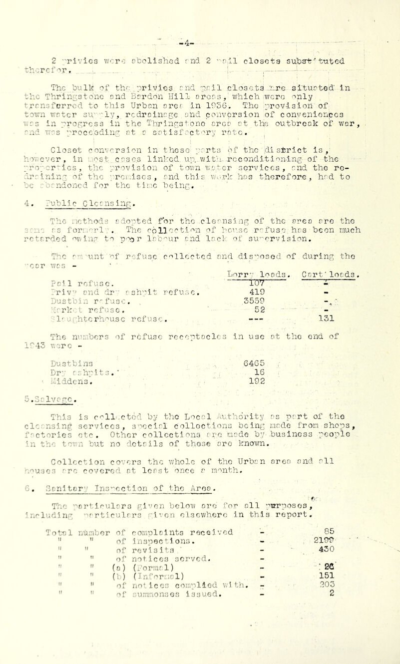 4- 2 privies were abolished end. 2 o;il closets subsir' tuted therefor —f:~- The bulk of the . privies and., pail' triose.t.g.._hr.e..si'.t'ubte'd' in the Thringstone ond Barden Hill areaswhich were only transferred to this Urban area in 1936. T.he provision’ of town water supply, redroinege.. ohd conversion of conveniences was in progress in the Thringatone area at.the outbreak of war, and was proceeding at a satisfactory rhto. Closet conversion in these parts' of the district is, however, in eost cases linked, up..witku .rccondition-ing' of the properties, the provision of town w.a.ter services, and the re- draining of the premises, ond this work ho-s therefore, had to be abandoned for the time being. 4. Public Cleansing. The methods adopted for the cleansing of the area are the same as formerly... The collection; of house refuse,; has been much retarded owing to poor labour and lack of supervision. The amount of refuse.collected and disposed of during the year was - Pail refuse. Privy and dry ashpit refuse. Dustbin refuse, . Market refuse. Slaughterhouse refuse. Lorr'1 loads. Cart'loads. rov = 419 3559 52 131 The numbers of refuse receptacles 1943 were - in use at the end of Dustbins Dry ashpits.' i.lidden3. 6465 16 192 5.Salvage. This is collected by the Local Authority as part of the cleansing services, special collections bc-ing made from shops, factories otc . Other collections are made b;p business people in the town but no details of these are known. Collection covers the whole of the Urban area- and all causes are covered at least once a month. 6, Sanltor/ Inspection of the Area. ' :■ fv , The particulars given below ore for all omrposes, including particulars givon elsewhere in this report. Total number of complaints received 85 tl of inspections. 2191? ii If of revisits , 430 ii II of notices served. ii II (o) (formal) : sc ii 11 0 ) (Informal) 151 ii II of notices complied with, - 203