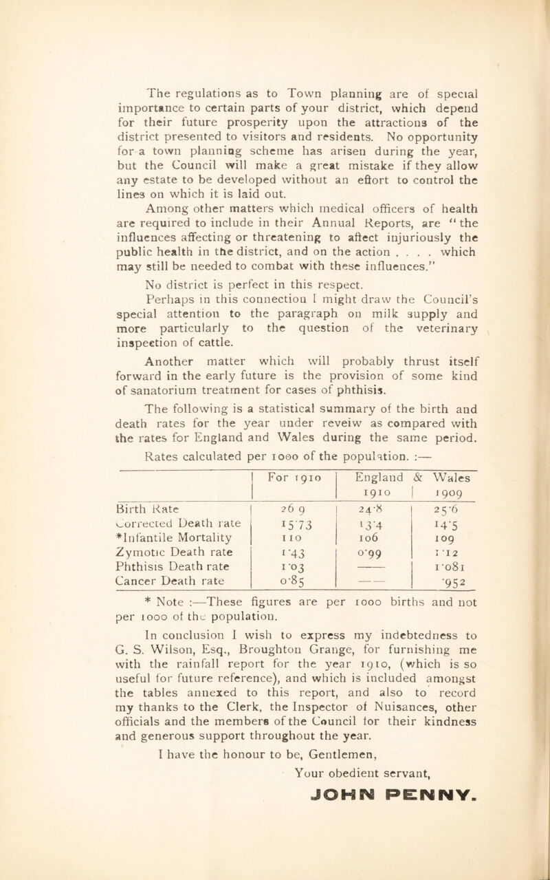 The regulations as to Town planning are of special importance to certain parts of your district, which depend for their future prosperity upon the attractions of the district presented to visitors and residents. No opportunity for a town planning scheme has arisen during the year, but the Council will make a great mistake if they allow any estate to be developed without an eftort to control the lines on which it is laid out. Among other matters which medical officers of health are required to include in their Annual Reports, are the influences affecting or threatening to affect injuriously the public health in the district, and on the action .... which may still be needed to combat with these influences.” No district is perfect in this respect. Perhaps in this connection 1 might draw the Council’s special attention to the paragraph on milk supply and more particularly to the question of the veterinary inspection of cattle. Another matter which will probably thrust itself forward in the early future is the provision of some kind of sanatorium treatment for cases of phthisis. The following is a statistical summary of the birth and death rates for the year under reveiw as compared with the rates for England and Wales during the same period. Rates calculated per looo of the population. ;— For 1910 England 1910 & Wales 1909 Birth Rate 26 9 24-H 25-6 'corrected Death rate 15 73 .3-4 14-5 ^Infantile Mortality 110 106 109 Zymotic Death rate i*43 0-99 I 12 Phthisis Death rate I 03 I'oSi Cancer Death rate o'Ss — ■952 * Note :—These figures are per looo births and not per looo of the population. In conclusion I wish to express my indebtedness to G. S. Wilson, Esq., Broughton Grange, for furnishing me with the rainfall report for the year 1910, (which is so useful for future reference), and which is included amongst the tables annexed to this report, and also to record my thanks to the Clerk, the Inspector of Nuisances, other officials and the members of the Council for their kindness and generous support throughout the year. I have the honour to be, Gentlemen, Your obedient servant,