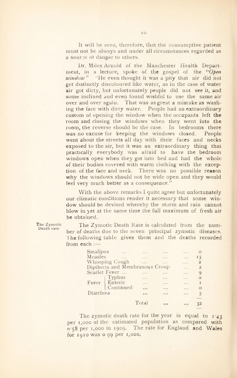 The Zymotic Death rate lO It will be sect), therefore, that the consumptive patient must not be always and under all circumstances regarded as a source ot danger to others. Dr. Miles Arnold of the Manchester Health Depart- ment, in a lecture, spoke of the gospel of the window ” ‘He even thought it was a pity that air did not get distinctly discoloured like water, as in the case of water air got dirty, but unfortunately people did not see it, and some inclined and even found wishful to use the same air over and over again. That was as great a mistake as wash- ing the face with dirty water. People had an extraordinary custom of opening the window when the occupants left the room and closing the windows when they went into the room, the reverse should be the case. In bedrooms there was no excuse for keeping the windows closed. People went about the streets all day with their faces and necks exposed to the air, but it was an extraordinary thing that practically everybody was afraid to have the bedroom windows open when they got into bed and had the whole of their bodies covered with warm clothing with the excep- tion of the face and neck. There was no possible reason why the windows should not be wide open and they would feel very much better as a consequence.” With the above remarks I quite agree but unfortunately our climatic conditions render it necessary that some win- dow should be devised whereby the storm and rain cannot blow in yet at the same time the full maximum of fresh air be obtained. The Zymotic Death Rate is calculated from the num- ber of deaths due to the seven principal zymotic diseases. I he following table gives them and the deaths recorded from each :— Smallpox ... ... ... ... o Measles ... ... ... ... 13 Whooping Cough ... ... ... 2 Diptheria and Membranous Croup ... 2 Scarlet Fever ... ... ,.. ... 9 Typhus ... ... ... o Fever s Enteric ... ... ... i ^ Continued ... ... ... o Diarrhoea ... ... ... 5 Total ... ... 32 The zymotic death rate for the year is equal to 1-43 per 1,000 of the estimated population as compared with 0-58 per 1,000 in 1909. The rate for England and Wales for 1910 was o 99 per 1,000.