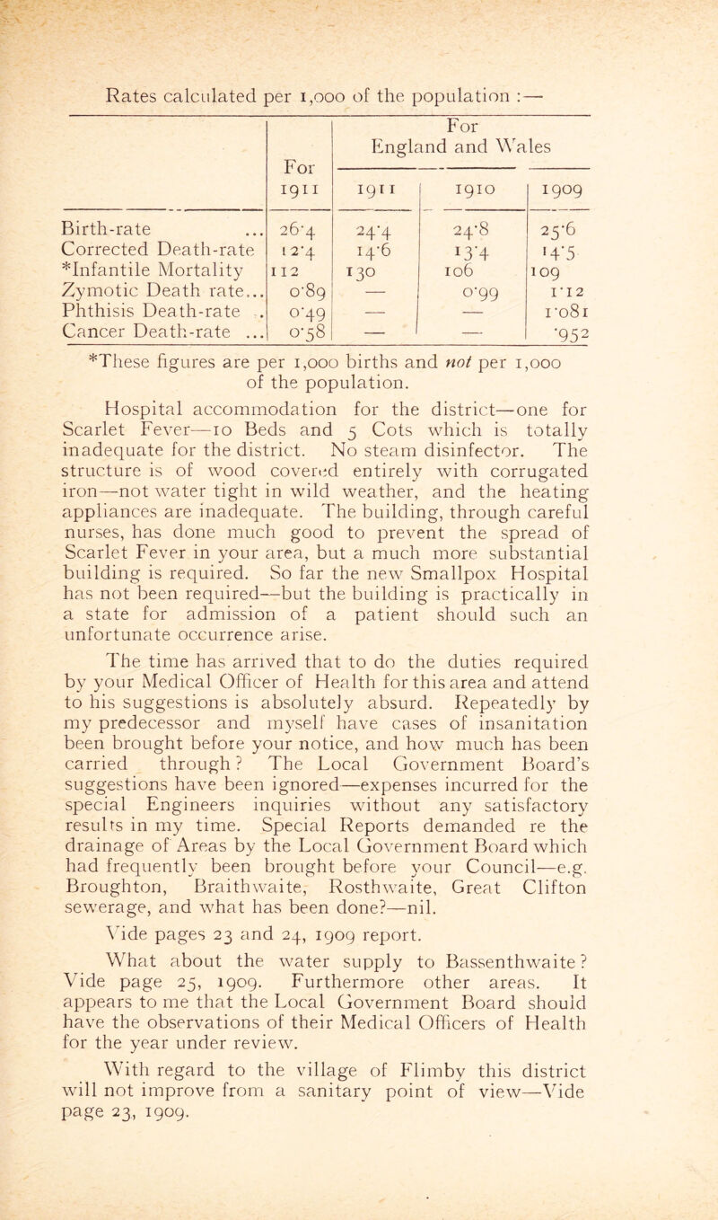 Rates calculated per i,ooo of the population :—■ For 1911 For England and Wales 1911 1910 1909 Birth-rate 26'4 24-4 24‘8 25-6 Corrected Death-rate 12*4 I4'6 i3’4 H’5 *Infantile Mortality 112 130 106 109 Zymotic Death rate... O’Sq — 0-99 1’12 Phthisis Death-rate .. 0-49 — — i'o8i Cancer Death-rate ... 0-58 — 1 — '952 *Tliese figures are per i,ooo births and not per i,ooo of the population. Hospital accommodation for the district—one for Scarlet Fever—lo Beds and 5 Cots which is totally inadequate for the district. No steam disinfector. The structure is of wood covered entirely with corrugated iron—-not water tight in wild weather, and the heating appliances are inadequate. The building, through careful nurses, has done much good to prevent the spread of Scarlet Fever in your area, but a much more substantial building is required. So far the new Smallpox Hospital has not been required—but the building is practically in a state for admission of a patient should such an unfortunate occurrence arise. The time has arrived that to do the duties required by your Medical Officer of Health for this area and attend to his suggestions is absolutely absurd. Repeatedly by my predecessor and myself have cases of insanitation been brought before your notice, and how much has been carried through ? The Local Government Board’s suggestions have been ignored—expenses incurred for the special Engineers inquiries without any satisfactory results in my time. Special Reports demanded re the drainage of Areas by the Local Government Board which had frequently been brought before your Council—e.g. Broughton, Braithwaite, Rosthwaite, Great Clifton sewerage, and wffiat has been done?—nil. \hde pages 23 and 24, 1909 report. What about the water supply to Bassenthwaite ? Vide page 25, 1909. Furthermore other areas. It appears to me that the Local Government Board should have the observations of their Medical Officers of Health for the year under review. With regard to the village of Flimby this district will not improve from a sanitary point of view—Vide page 23, 1909.