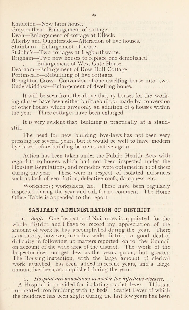 Ernbleton—New farm house. Greysouthen—Enlargement of cottage. Dean—Enlargement of cottage at Ullock. Allerby and Oughterside—Alteration of five houses. Stainburn—Enlargement of house. St John’s—Two cottages at Legburthwaite. Brigham—Two new houses to replace one demolished ,, Enlargement of West Gate House. Dearham—-Enlargement of Row Hall Cottage. Portinscale—Rebuilding of five cottages. Broughton Cross—Conversion of one dwelling house into two. Underskiddaw—Enlargement of dwelling house. It will be seen from the above that 17 houses for the work- ing classes have been either built,rebuilt,or made by conversion of other houses wTich gives only an addition of 9 houses within the year. Three cottages have been enlarged. It is very evident that building is practically at a stand- still. The need for new building bye-laws has not been very pressing for several years, but it would be well to have modern bye-laws before building becomes active again. Action has been taken under the Public Health Acts with regard to 19 houses which had not been inspected under the Housing Regulations, and remedies were obtained in ii of these during the year. These were in respect of isolated nuisances such as lack of ventilation, defective roofs, dampness, etc. Workshops ; workplaces, &c. These have been regularly inspected during the year and call for no comment. The Home Office Table is appended to the report. SANITARY ADMINISTRATION OF DISTRICT. I. Staff. One Inspector of Nuisances is appointed for the whole district, and I have to record my appreciation of the amount of work he has accomplished during the year. There is naturally, however, in such a wide district, a good deal of difficulty in following up matters reported on to the Council on account of the wide area of the district. The work of the Inspector does not get less as the years go on, but greater. The Housing Inspection, with the large amount of clerical work attached^ has been added in recent years, and a large amount has been accomplished during the year. 2. Hospital accommodation available for infections diseases. A Hospital is provided for isolating scarlet fever. This is a corrugated iron building with 13 beds. Scarlet Fever of which the incidence has been slight during the last few years has been