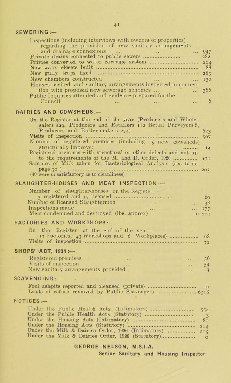 SEWERING Inspections (including interviews with owners of properties) regarding the provision of new sanitary arrangements and drainat’e connexions ... ... ... 947 Private drains connected to public sewers 282 Privies converted to water carriage system 204 New w'ater closets built 88 Now gully traps fixed 283 New chambers constructed ... ... ... 130 Houses visited and sanitary arrangements inspected in connec- tion with proposed new sewerage schemes ... ... 366 Public Inquiries attended and evidence prepared for the Council ... ... ... 6 DAIRIES AND COWSHEDS:— On the Register at the end of the year (Producers and Whole- salers 229, Producers and Retailers 112, Retail Purveyors 8, Producers and Butter-makers 274) 623 Visits of inspection 507 Number of registered premises (including 5 new cowsheds) structurally improved 14 Registered premises with structural or other defects and not up to the requirements of the M. and D. Order, 1926 171 Samples of Milk taken for Bacteriologpoal Analysis (see table page 30 ) 203 (40 were unsatisfactory as to cleanliness) SLAUGHTER-HOUSES AND MEAT INSPECTION:— Number of slaughter-houses on the Register— 3 registered and 17 licensed 20 Number of licensed Slaughtermen .. ... 38 Inspections made ... ... ... 177 Meat condemned and destroyed (lbs. approx) 10,200 FACTORIES AND WORKSHOPS:— On the Register at the end of the yeai — 17 Factories/ 43 Workshops and 6 Workplaces) 68 Visits of inspection 72 SHOPS’ ACT, 1934 Registered premises ... ... 36 Visits of inspection ... ... 54 New sanitary arrangements provided ... 3 SCAVENGING:— Foul ashpits reported and cleansed (iprivate) lo Loads of refuse removed by Public Scavengers 6518 NOTICES:— Under the Public Health Acts (Intimatory) 554 Under the Public Health Acts (Statutory) 3 Under the Housing Acts (Intimatory) 80 Under the Housing Acts (Statutory) 214 Under the Milk & Dairies Order, 1926 (Intimatory) 215 Under the Milk & Dairies Order, 1926 (Statutory).... o GEORGE NELSON, M.S.I.A. Senior Sanitary and Housing Inspector.