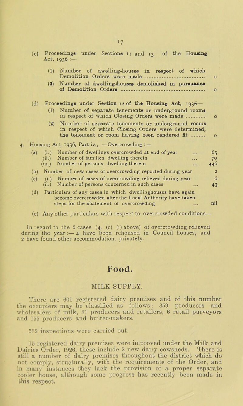 1? (c) Proceeding* under Section* n and 13 of the Housing Act, 1936 :— (1) Nrunber of dwelling-houeea in reepect of which Demolition Orders were made o (3) Number of dwelling-houaea deanoliahed in purausnos of Demolition Order* o (dl Proceedings under Section 12 of th* Housing Act, 193S— (1) Number of separate tenements or underground rooms in respect of which Closing Orders were made o (2) Number of separate tenements or xinderground rooms in respect of which Closing Orders were determined, the tenement or room having been rendered fit o 4. Housing Act, 1936, Part iv., —Overcrowding: — (a) (i.) Number of dwellings overcrowded at end of year ... 65 (ii.) Number of families dwelling therein ... 70 (lii.) Number of persons dwelling therein ... 446 (b) Number of new cases ot overcrowding reported during year 2 (c) (i.) Number of cases of overcrowding relieved during year 6 (ii.) Number of persons concerned in such cases ... 43 (d) Particulars of any cases in which dwellinghouses have again become overcrowded alter the Local Authority have taken steps for the abatement of overcrowding ... nil (e) Any other particulars with respect to overcrowded conditions— In regard to the 6 cases (4, (c) (i) above) of overcrowding relieved during the year :— 4 have been rehoused in Council houses, and 2 have found other accommodation, privately. Food. MILK SUPPLY. There are 601 registered dairy premises and of this number the occupiers may .be classified as follows: 359 producers and wholesalers of milk, 81 producers and retailers, 6 retail purveyors and 155 producers and butter-makers. 532 inspections were carried out. 15 registered dairy premises were improved under the Milk and Dairies Order, 1926, these include 2 new dairy cowsheds. There is still a number of dairy premises throughout the district wlhich do not comply, structurally, with the requirements of the Order, and in many instances they lack the provision of a proper separate cooler house, although some progress has recently been made in this respect.