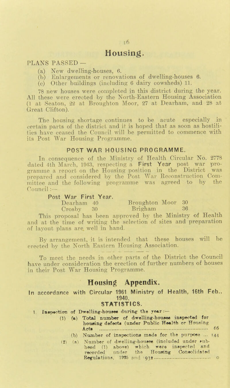 Housing. PLANS PASSED — (a) New dwelling-houses, 6. (b) Enlargements or renovations of dwelling-houses 6. (c) Other buildings (including 6 dairy cowsheds) 11. 78 new houses were completed in this district during the year. All these were erected by tlhe North-Eastern Housing Association (1 at Seaton, 22 at Broughton Moor, 27 at Dearham, and 28 at Great Clifton). The housing shortage continues to be acute especially in certain parts of the district and if is hoped that as soon as hostili- ties have ceased the Council will be permitted to commence with its Post War Housing Programme. POST WAR HOUSING PROGRAMME. In consequence of the Ministry of Health Circular No. 2778 dated 4th March, 1943, respecting a First Year post war pro- gramme a report on tlhe Housing position in the District was prepared and considered by the Post War Reconstruction Com- mittee and the following programme was agreed to by the Council :— Post War First Year. Dearham 40 Broughton Moor 30 Crosby 30 Brigham 36 This proposal has been approved by the Ministry of Health and at the time of writing the selection of sites and preparation of layout plans are. well in hand. By arrangement, it is intended that these houses will be erected by the North Eastern Housing Association. To meet the needs in other parts of the District the Council have under consideration the erection of further numbers of houses in their Post War Housing Programme. Housing Appendix. In accordance with Circular 1961 Ministry of Health, 16th Feb.. 1940. STATISTICS. 1 Inspection of Dwelling-hcraw* during the rear :— (1) (a) Total number of dwelling-houses inspected for housing defect* (under Public Health or Housing Act* 66 (b) Number of inspections made for the purpose ... 144 (2) (s) Number of dwelling-house* (included under sub- head (1) aboTe) which were inspected and recorded under t-he Housing Consolidated