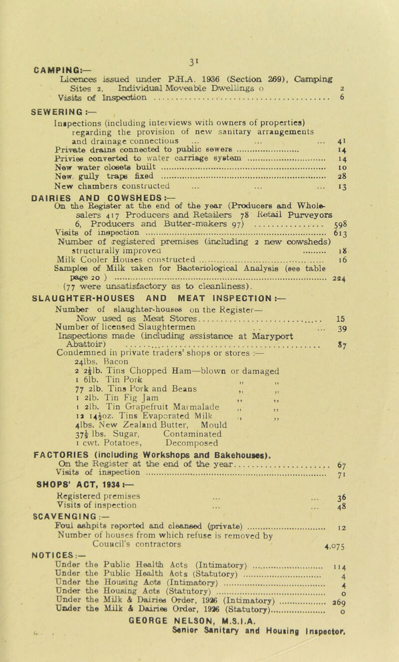 CAMPING:— Licences issaied under 1936 (Section 269), Ciaimipdnig Sites 2. Individjual Moveable DiwelLings o 2 Visits oi Insipeotion 6 SEWERING Inipections (including interviews with owners of properties) regarding the provision of new sanitary arrangements and drainage connections ... ... ... 41 Primte draans connected to public sewere 14 Privies converted to water carriage system 14 New water closets built 10 New guily traps fixed 28 New chambers constructed ... ... ... 13 DAIRIES AND COWSHEDS:— On the Begister at the end of the yeeir (Producere and Whole- salers 417 Producers and RetadiLers 78 Retail Purveyors 6, Producers and Butter-makers 97) 598 Visits of inspection 613 Number of registered premises (inciuding 2 new ooiwsheds) structurally improved 18 Milk Cooler Houses constructed 16 Samples of Milk taken for Bacteriological Analysis (see table pag« 20 ) 224 (77 were unsaitisfactory as to cleanliness). SLAUGHTER-HOUSES AND MEAT INSPECTION:— Number of slaugliter-houses on the Register— Nioiw used as Meait Stores Number of licensed Slaughtermen . . Insipeotionis made (imdludirug assisitanioe at Maryport Abattoir) Condemned in private traders’ shops or stores :— 24lbs. Bacon 2 2^1b. Tins Chopped Ham—blown or damaged I 61b. Tin Pork ,, ,, 77 2lb. Tins Pork and Beans ,, ,, I 2lb. Tin Fig Jam I 2lb. Tin Grapefruit Maimalade ,, ,, 12 14^02. Tins Evaporated Milk ,, 4lbs. New Zealand Butter, Mould 37^ lbs. Sugar, Contaminated I cwt. Potatoes, Decomposed FACTORIES (including Workshops and Bakehouses). On tide Roister at the end of the year Visits of inspection SHOPS’ ACT, 1934:— Registered premises Visits of inspection SCAVENGING :— Foul ashpits reported and cleansed ((private) Number of houses from which refuse is removed by Council’s contractors NOTICES:— Under the Public Health Acts (Intimatory) Under the Public Health Acts (Statutory) Under the Housing Acte (Intimatory) Under the Housing Acts (Statutory) Under the Milk & Dairies Order, 1936 (Intimatory) Under the Milk & Dairies Order, 1936 (Statutory) GEORGE NELSON, M.S.I.A. , Senior Sanitary and Houiing 15 39 *7 67 7' 36 ... 48 12 4.075 >'4 4 4 o 269 o Inipeotor.
