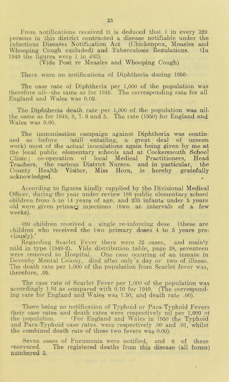 From notifications received it is deduced that 1 in every 329 persons in this distnct contracted a disease notifiable under the Infectious Diseases Notification Act (Chickerupox, Measles and Whooping Cougih excluded) and Tuberculoisis Regulations. (In 1949 the figures werg 1 in 493). (Vide Post re Measles and Wbooping Cougih) There weie no notifications of Diphtheria dunng 1950. The case rate of Diphtheria per 1,000 of the population was therefore nil—the same as for 1949. The corresponding rate for all England and Wales was 0.02. The Diphtheria death rate per 1,000 of the population wia«s nil. the same as for 1949, 8, 7. 6 and 5. The rate (1950) for England and Wales was 0.00. The immunisation campaign against Diphtheria was contin- ued as before (still entailing, a great deal of unseen work) most of the actual inoculations again being given by me at the local public elementary schools and at Cockermouth School Clinic; co-operation of local Medical Practitioners, Head Teachers, the various District Nurses, and in particular, the County Health Visitor, Miss Horn, is hereby gratefully acknowledged. According to figures kindly supplied by the Divisional Medical Officer, duiing the year under review 188 public elementary school children from 5 to 14 years of age, and 235 infants under 5 years old were given pnmai;y ini'ections (two at intervals of a few weeks). 489 children received a single re-inforcing dose (these are children who received the two primary doses 4 to 5 yeara pre- viously).’ Regarding Scarlet Fever there were 32 oases, ' and main'y mild in type (1949-2). Vide distribution table, page 28, seventeen were removed to liospital. One case occuring of an inmate in Dovenby Mental Colony, died after onty’a day or two of illness. The death rate per 1,000 of the population from S.carlet fever was, therefore, .05. The case rate of Scarlet Fever per 1,000 of the population was accordingly 1.64 as compared with 0.10 for 1949. (The correspond- ing rate for England and Wales was 1.50, and death rate .00). There being no notification of Typhoid or Para-Typhoid Fevers their case mtes and death rates were respectively nil per 1,000 of the ])opulation. •'For England and Wales in 1950 the Typhoid and Para-Typhoid case rates, were respectively .00 and .01, whilst the combined death rate of these two fevers was 0 00). Seven cases of Pneumonia were notified, and 6 of these ‘■ecovered. The registered deaths from this disease (all forms) numbered 5.