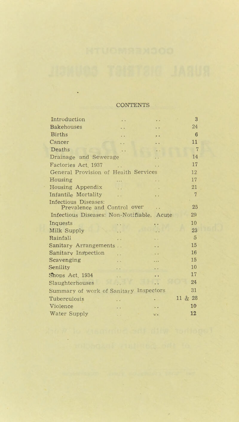 CONTENTS Introduction .. .. 3 Bakehouses .. .. 24 Births .. .. 6 Cancer .. .. 11 Deaths .. . . 7 Drainage and Sewerage • • 14 Factories Act. 1937 .. .. 17 General Provision of Health Services 12 Housing ... . . 17 Housing Appendix .. . 21 Infantile Mortality .. .. 7 Infectious Diseases: Prevalence and Control over .. 25 Infectious Diseases: Non-Notifiable, Acute 29 Inquests .. .. 10 Milk Supply .. .. 23 Rainfall .. .. 5 Sanitary Arrangements . . .. 15 Sanitary Inspection .. .. 16 Scavenging .. ... 15 Senility .. .. 10 Shoos Act. 1934 .. .. 17 Slaughterhouses .. 24 Summary of work of Sanitary Inspectors 31 Tuberculosis .. • 11 & 28 Violence .. .. 10 Water Supply 12