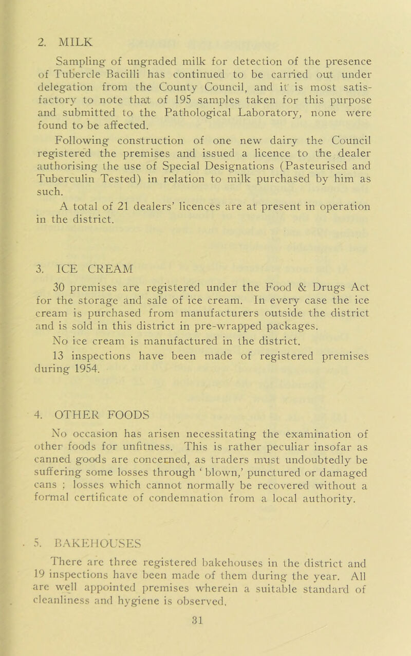 2. MILK Sampling' of ungraded milk for detection of the presence of TuKercle Bacilli has continued to be carried out under delegation from the County Council, and if is most satis- factory to note that of 195 samples taken for this purpose and submitted to the Pathological Laboratory, none were found to be affected. Following construction of one new dairy the Council registered the premises and issued a licence to tbe dealer authorising the use of Special Designations (Pasteurised and Tuberculin Tested) in relation to milk purchased by him as such. A total of 21 dealers’ licences are at present in operation in the district. 3. ICE CREAM 30 premises are registered under the Food & Drugs Act for the storage and sale of ice cream. In every case the ice cream is purchased from manufacturers outside the district and is sold in this district in pre-wrapped packages. No ice cream is manufactured in the district. 13 inspections have been made of registered premises during 1954. 4. OTHER FOODS No occasion has arisen necessitating the examination of other foods for unfitness. This is rather peculiar insofar as canned goods are concerned, as traders must undoubtedly be suffering some losses through ‘ blown,’ punctured or damaged cans ; losses which cannot normally be recovered without a formal certificate of condemnation from a local authority. 5. BAKEHOUSES There are three registered bakehouses in the district and 19 inspections have been made of them during the year. All are well appointed i)remises wherein a suitable standard of cleanliness and hygiene is observed.