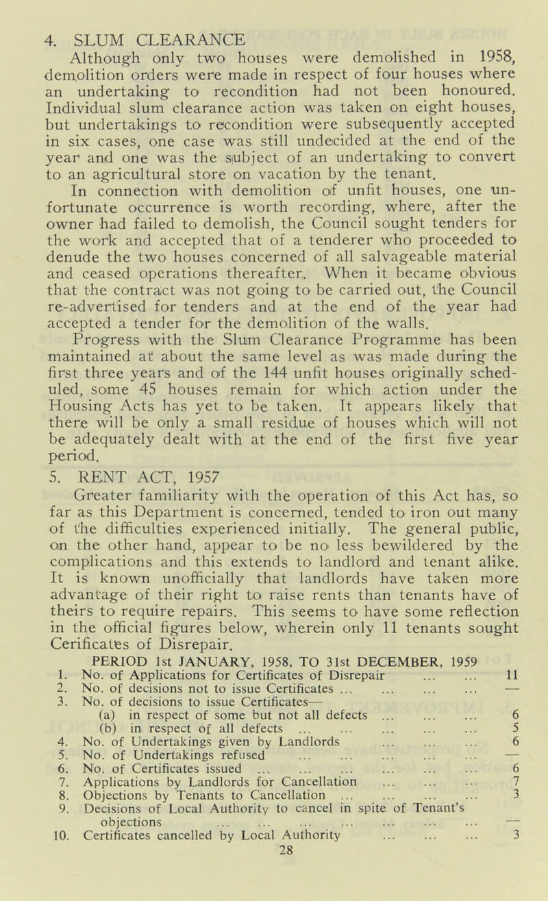 4. SLUM CLEARANCE Although only two houses were demolished in 1958, demolition orders were made in respect of four houses where an undertaking to recondition had not been honoured. Individual slum clearance action was taken on eight houses, but undertakings to recondition were subsequently accepted in six cases, one case was still undecided at the end of the year and one was the subject of an undertaking to convert to an agricultural store on vacation by the tenant. In connection with demolition of unfit houses, one un- fortunate occurrence is worth recording, where, after the owner had failed to demolish, the Council sought tenders for the work and accepted that of a tenderer who proceeded to denude the two houses concerned of all salvageable material and ceased operations thereafter. When it became obvious that the contract was not going to be carried out, the Council re-advertised for tenders and at the end of the year had accepted a tender for the demolition of the walls. Progress with the Slum Clearance Programme has been maintained at about the same level as was made during the first three years and of the 144 unfit houses originally sched- uled, some 45 houses remain for which action under the Housing Acts has yet to be taken. It appears likely that there will be only a small residue of houses which will not be adequately dealt with at the end of the first five year period. 5. RENT ACT, 1957 Greater familiarity with the operation of this Act has, so far as this Department is concerned, tended to- iron out many of the difficulties experienced initially. The general public, on the other hand, appear to be no- less bewildered by the complications and this extends to landlord and tenant alike. It is known unofficially that landlords have taken more advantage of their right to raise rents than tenants have of theirs to require repairs. This seems to have some reflection in the official figures below, wherein only 11 tenants sought Cerificatfes of Disrepair. PERIOD 1st JANUARY, 1958, TO 31st DECEMBER, 1959 1. No. of Applications for Certificates of Disrepair 11 2. No. of decisions not to issue Certificates ... ... ... ... — 3. No. of decisions to issue Certificates— (a) in respect of some but not all defects 6 (b) in respect of all defects ... ... ... ... ... 5 4. No. of Undertakings given by Landlords ... ... ... 6 5. No. of Undertakings refused 6. No. of Certificates issued ... ... ... ... ... ... 6 7. Applications by Landlords for Cancellation 8. Objections by Tenants to Cancellation ... ... ... ... 3 9. Decisions of Local Authority to cancel in spite of Tenant’s objections 10. Certificates cancelled by Local Authority ... ... ... 3